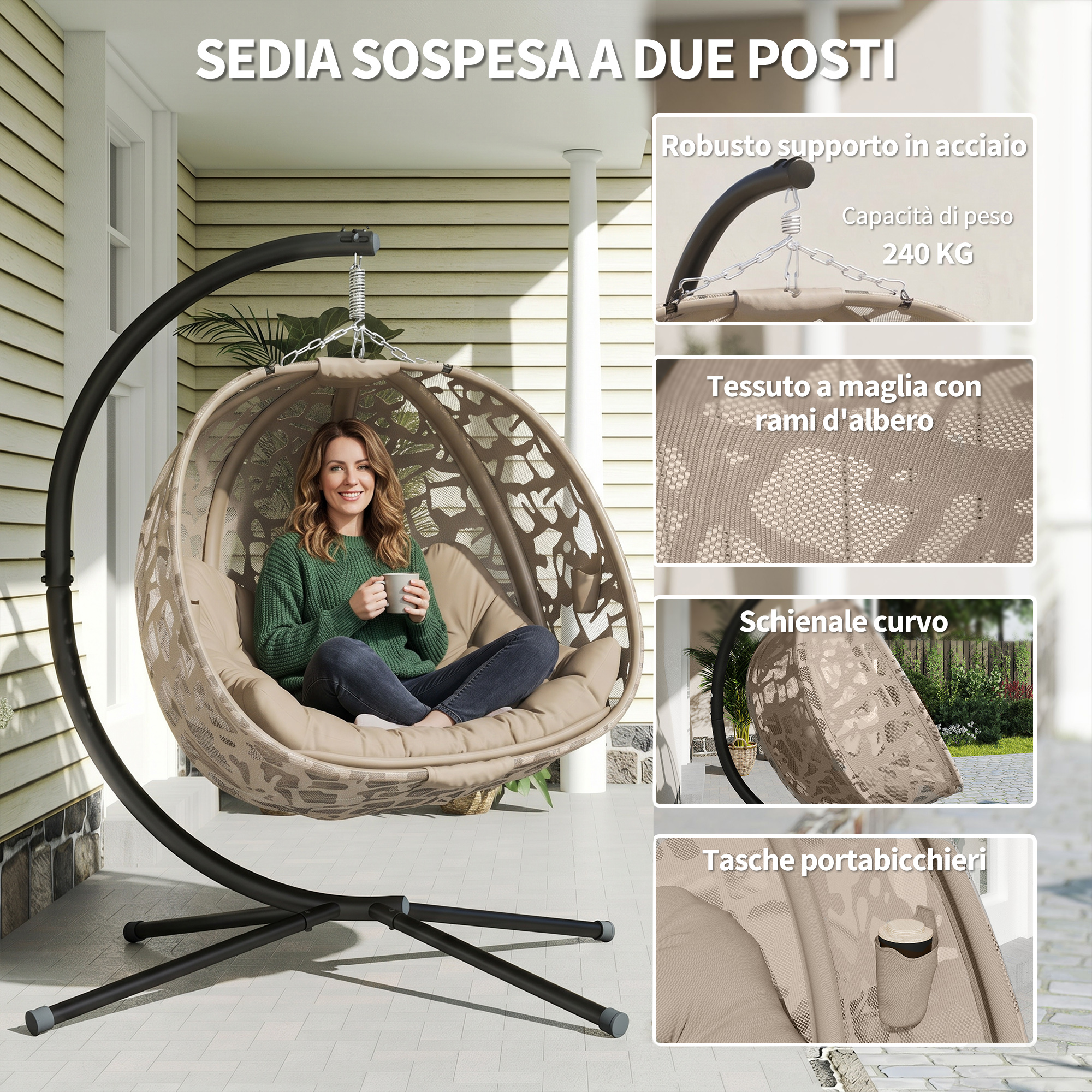 Donna seduta su sedia sospesa a due posti con struttura in acciaio su un portico.