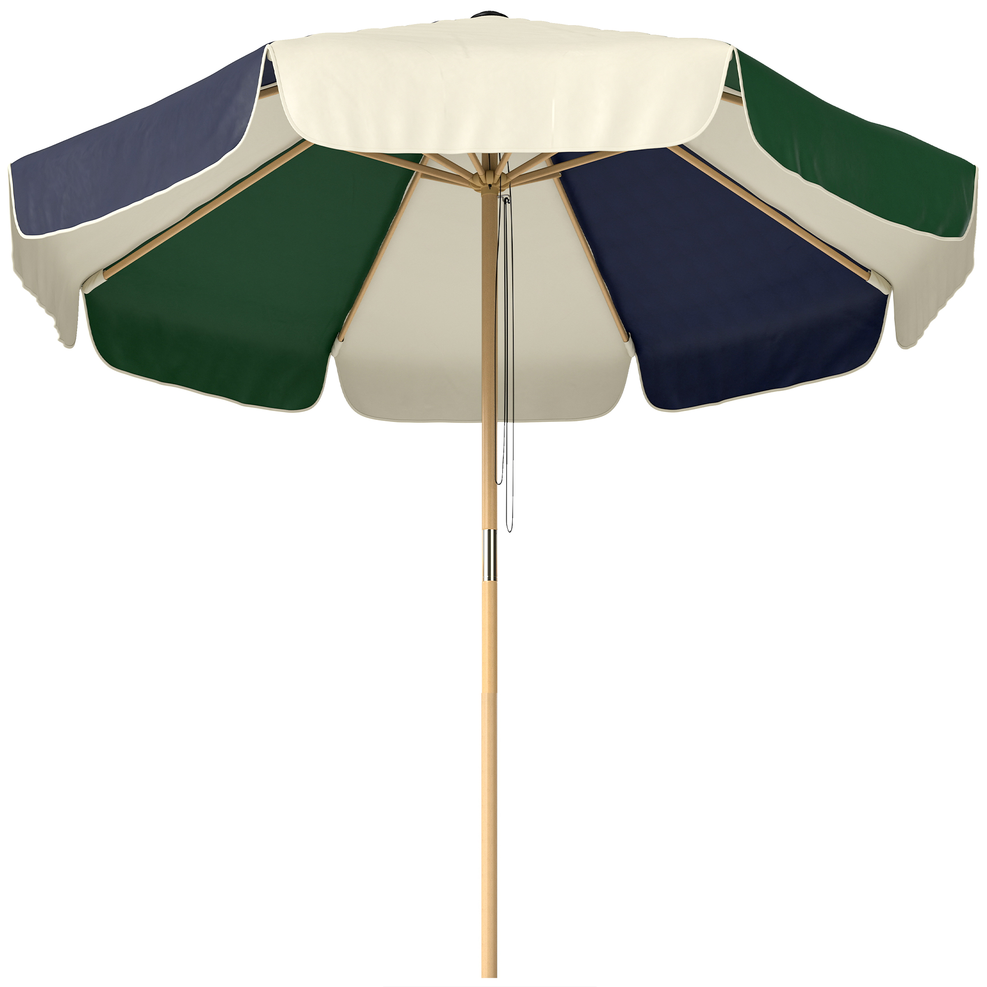 Un parasole con sezioni color crema, verde e blu navy e un palo di legno.