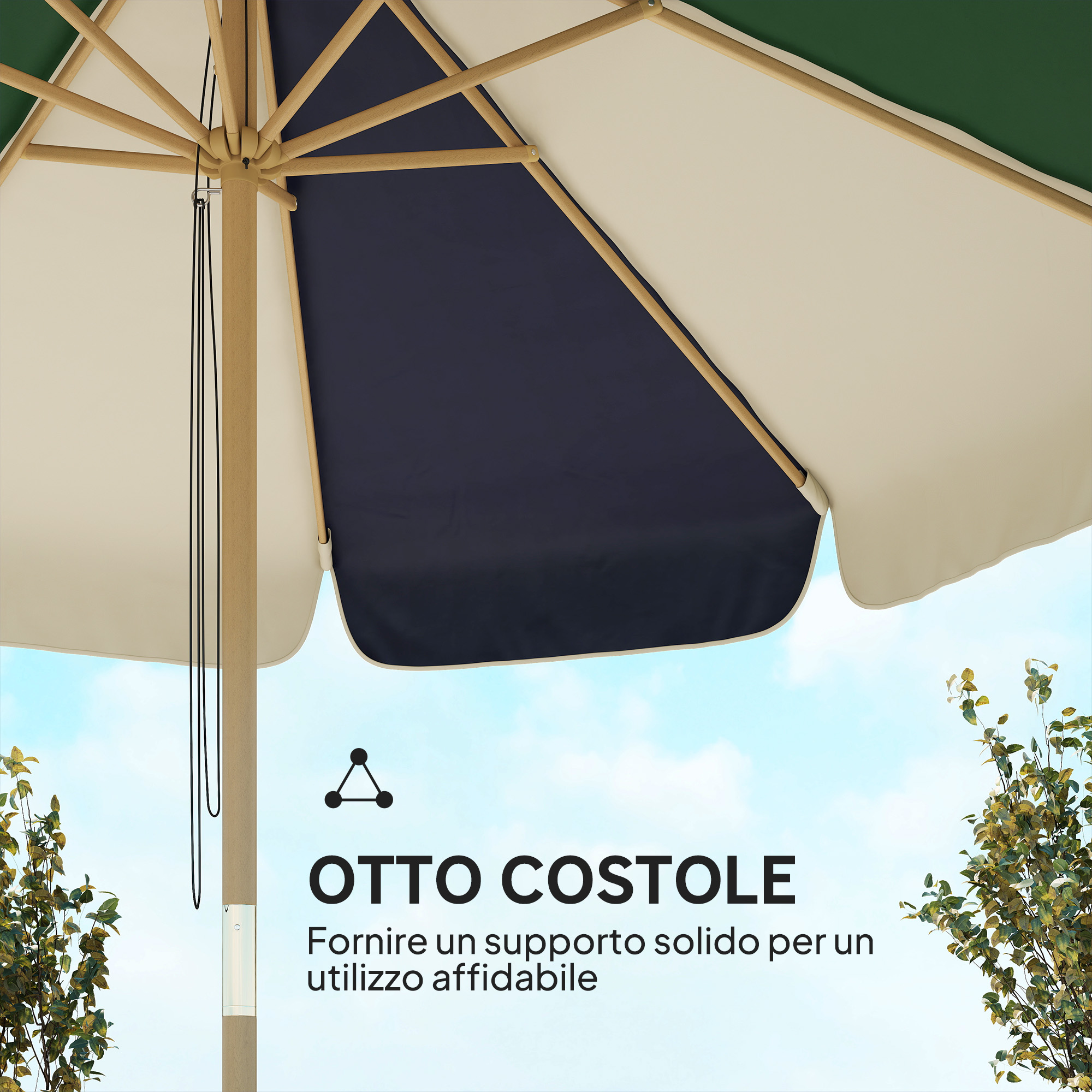 Un ombrellone da esterno con stecche in legno, pannelli beige, blu navy e verdi, su cielo blu.