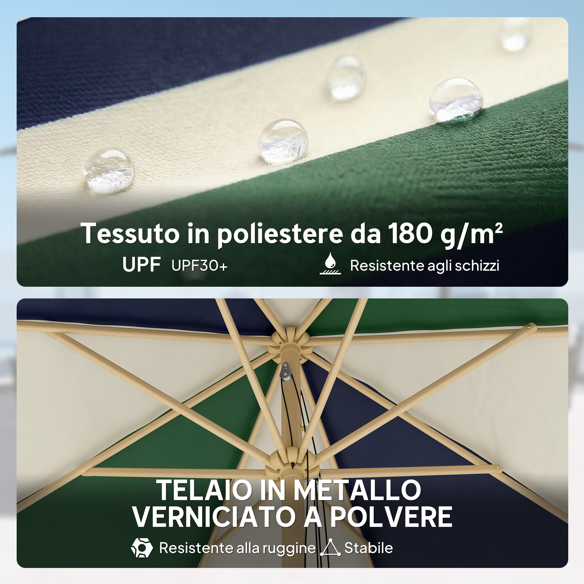 Immagine tessuto: Strisce blu, bianche, verdi con gocce d'acqua. Telaio ombrellone con stecche.