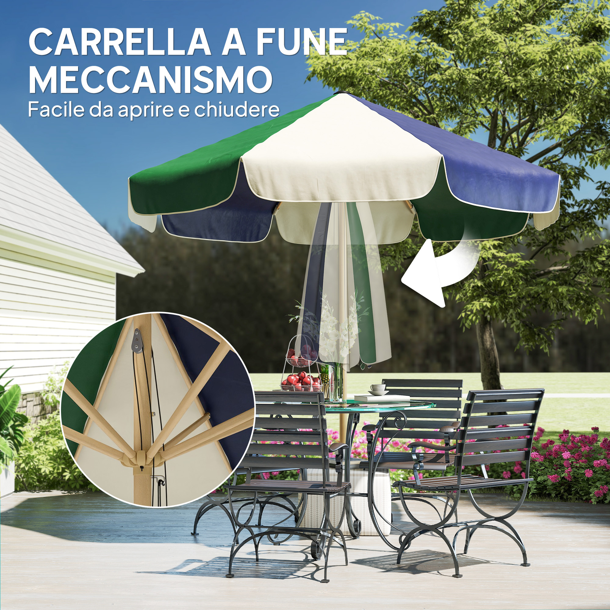 Arredo giardino con ombrellone, primo piano del meccanismo.