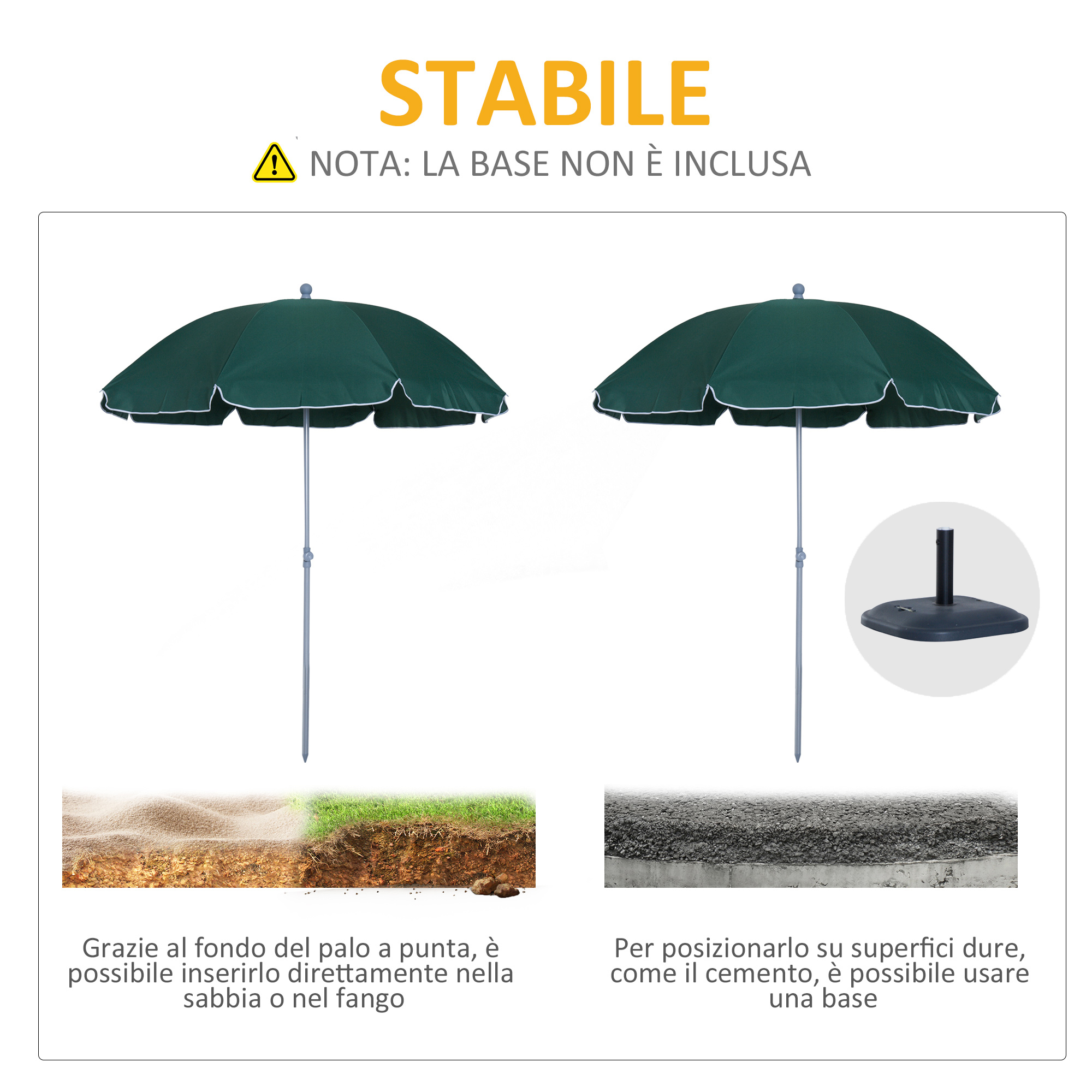 Due ombrelloni verdi con bordo bianco, base mostrata.