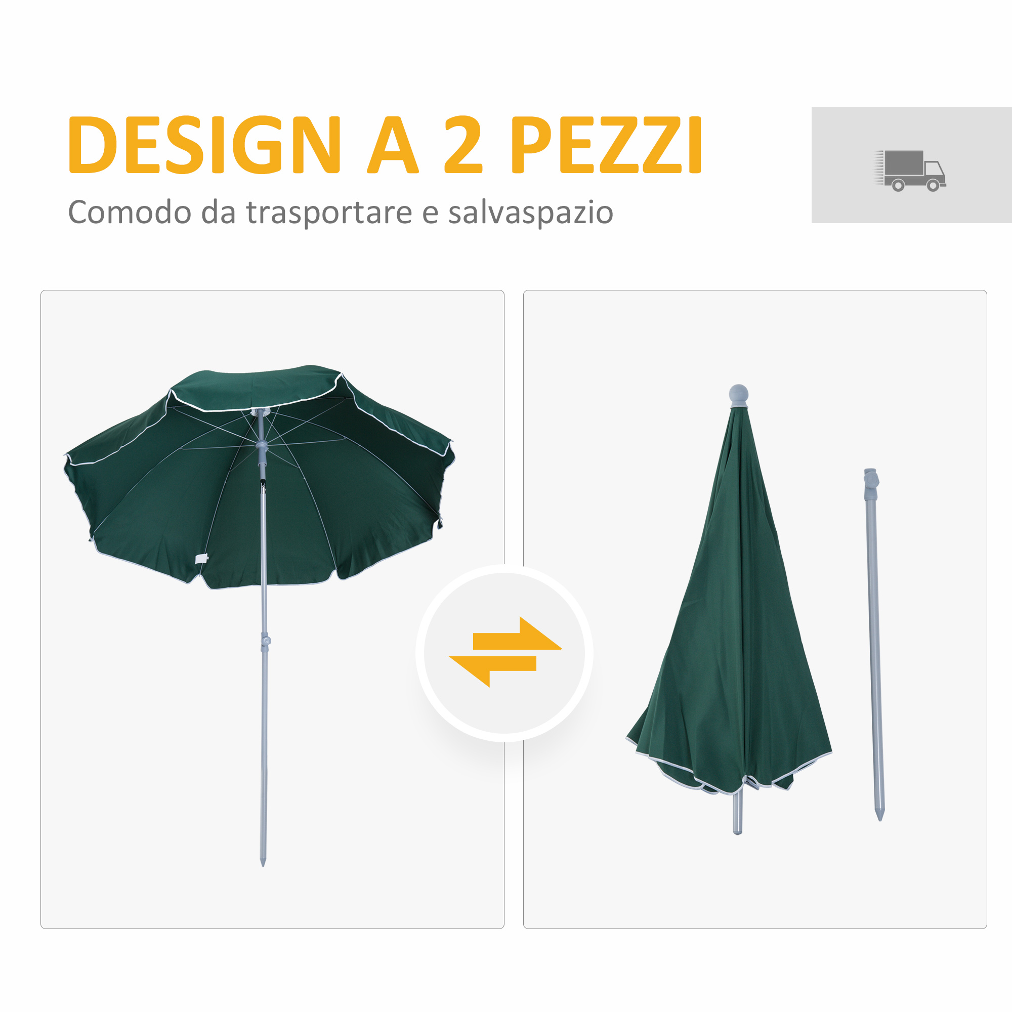 Un ombrellone verde aperto e uno chiuso con pali d'argento.