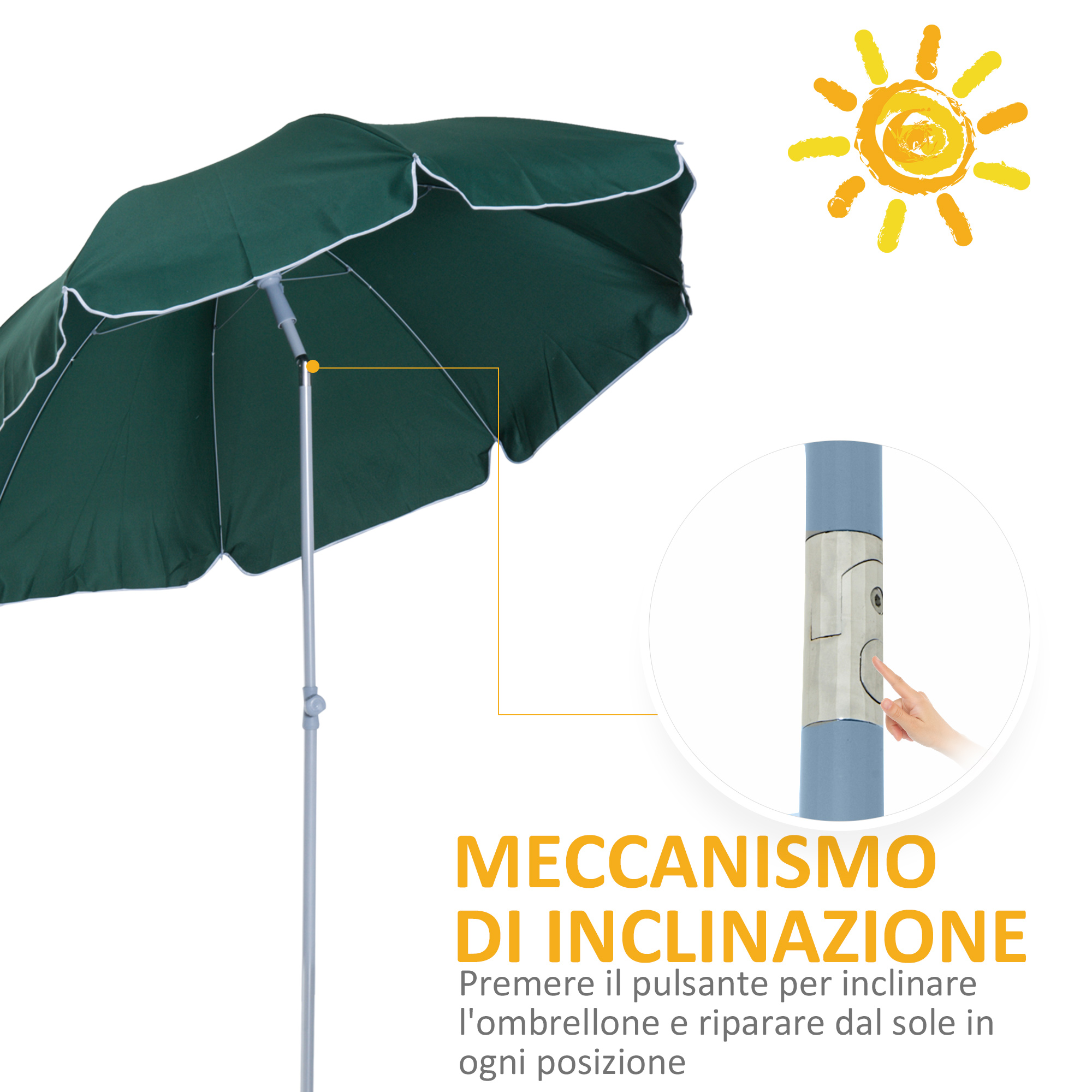 Ombrellone verde con meccanismo di inclinazione e sole.