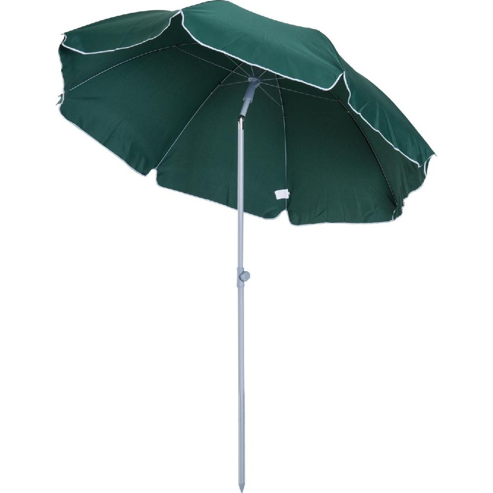 Un ombrellone verde scuro con bordo bianco su sfondo bianco.