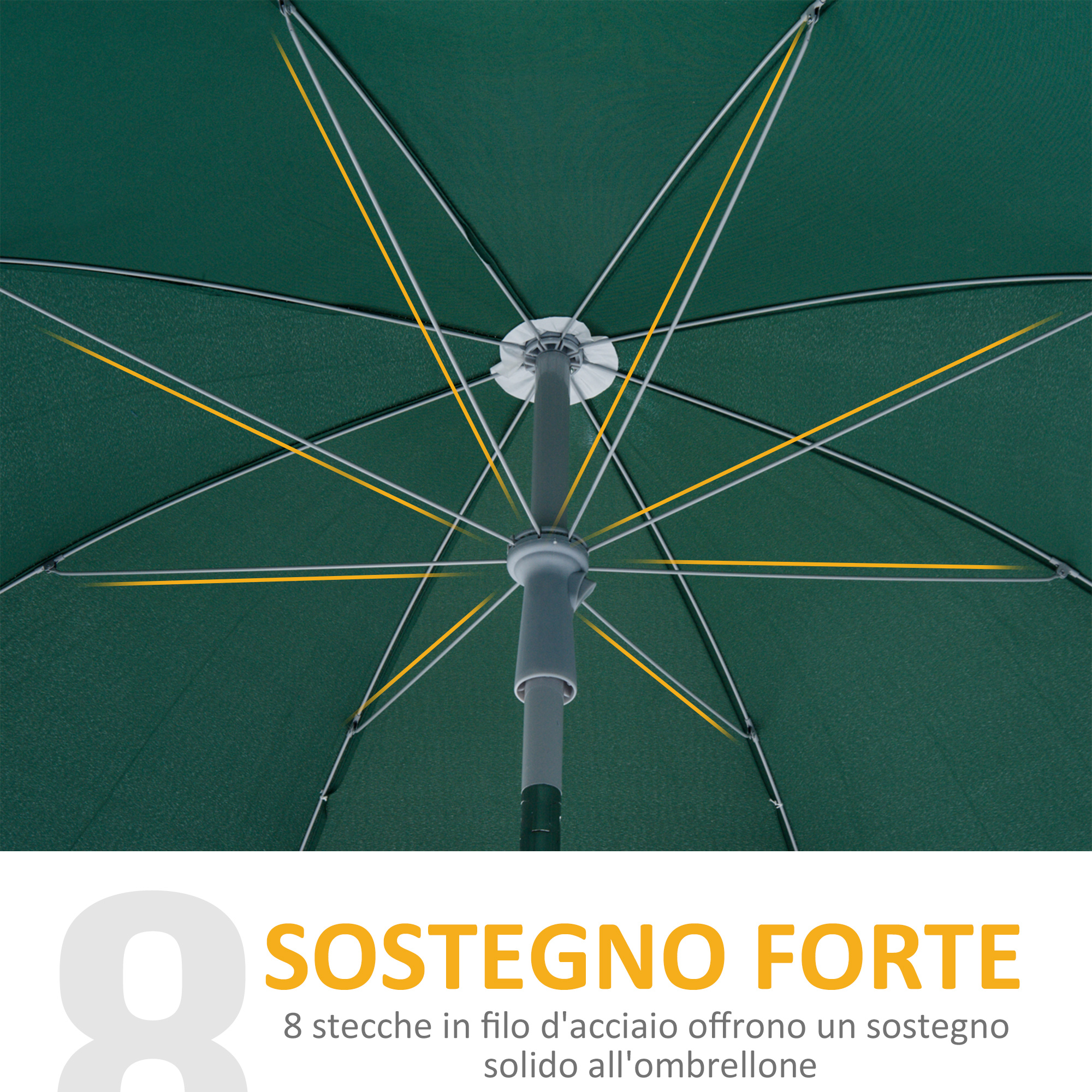Ombrellone verde con stecche metalliche e palo centrale.