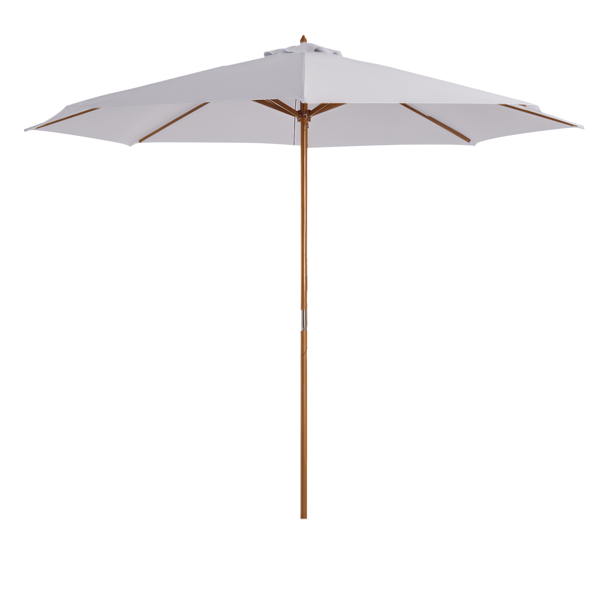 Un parasole bianco con palo e stecche in legno.