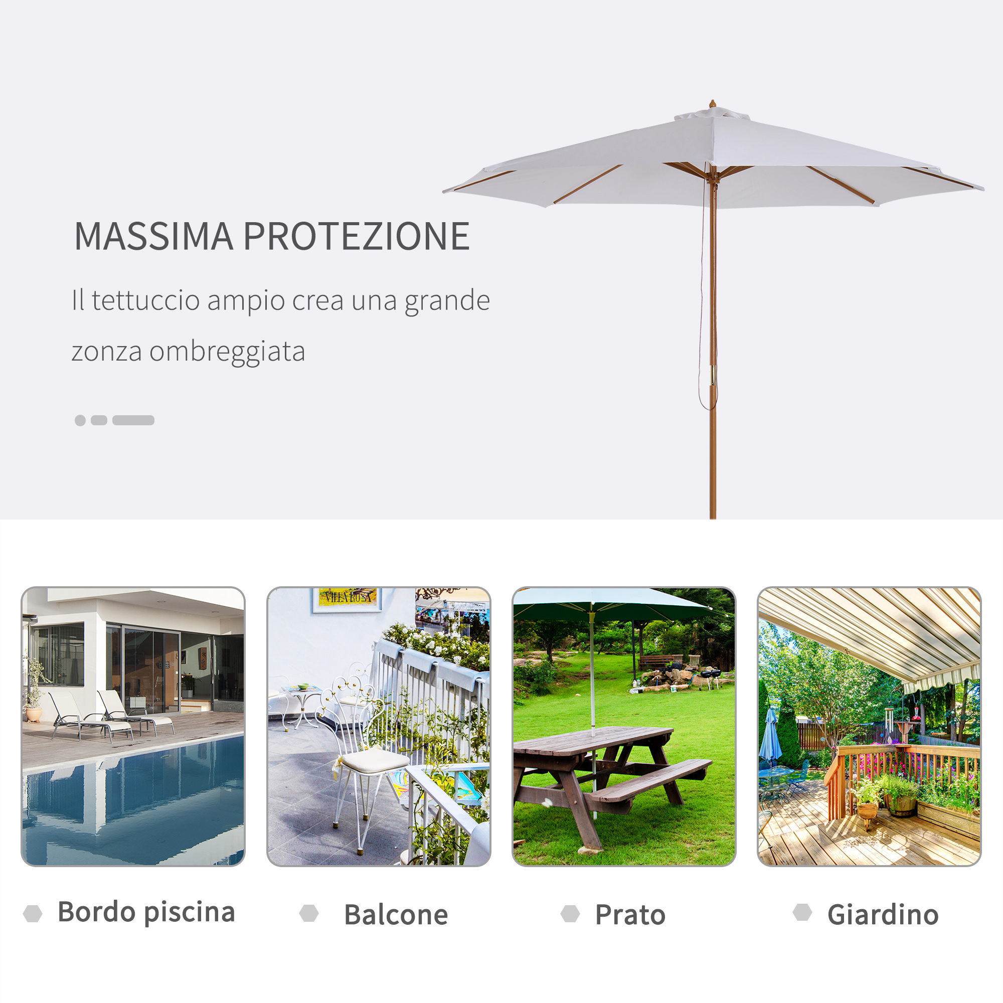 Grande ombrellone bianco su piscina, balcone, prato e terrazza.