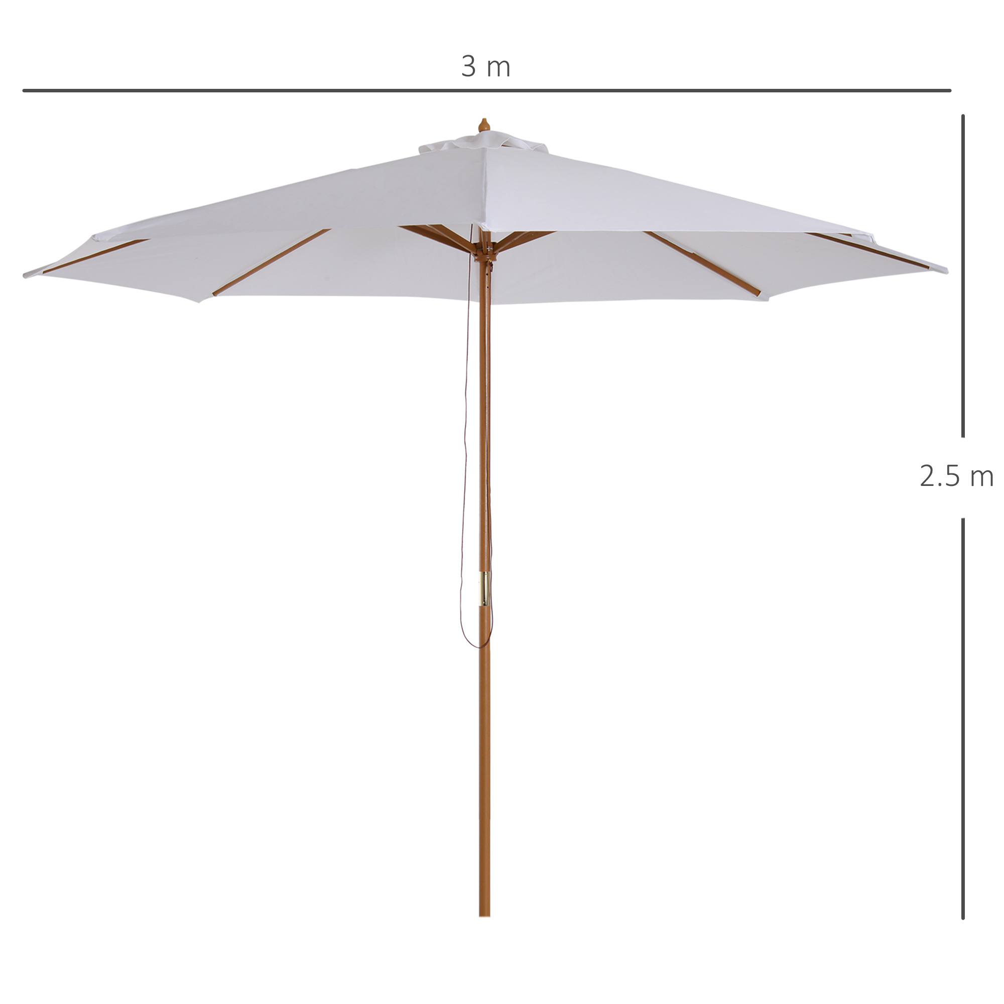 Un ombrellone bianco con palo e stecche in legno. Dimensioni: 3m largo, 2,5m alto.