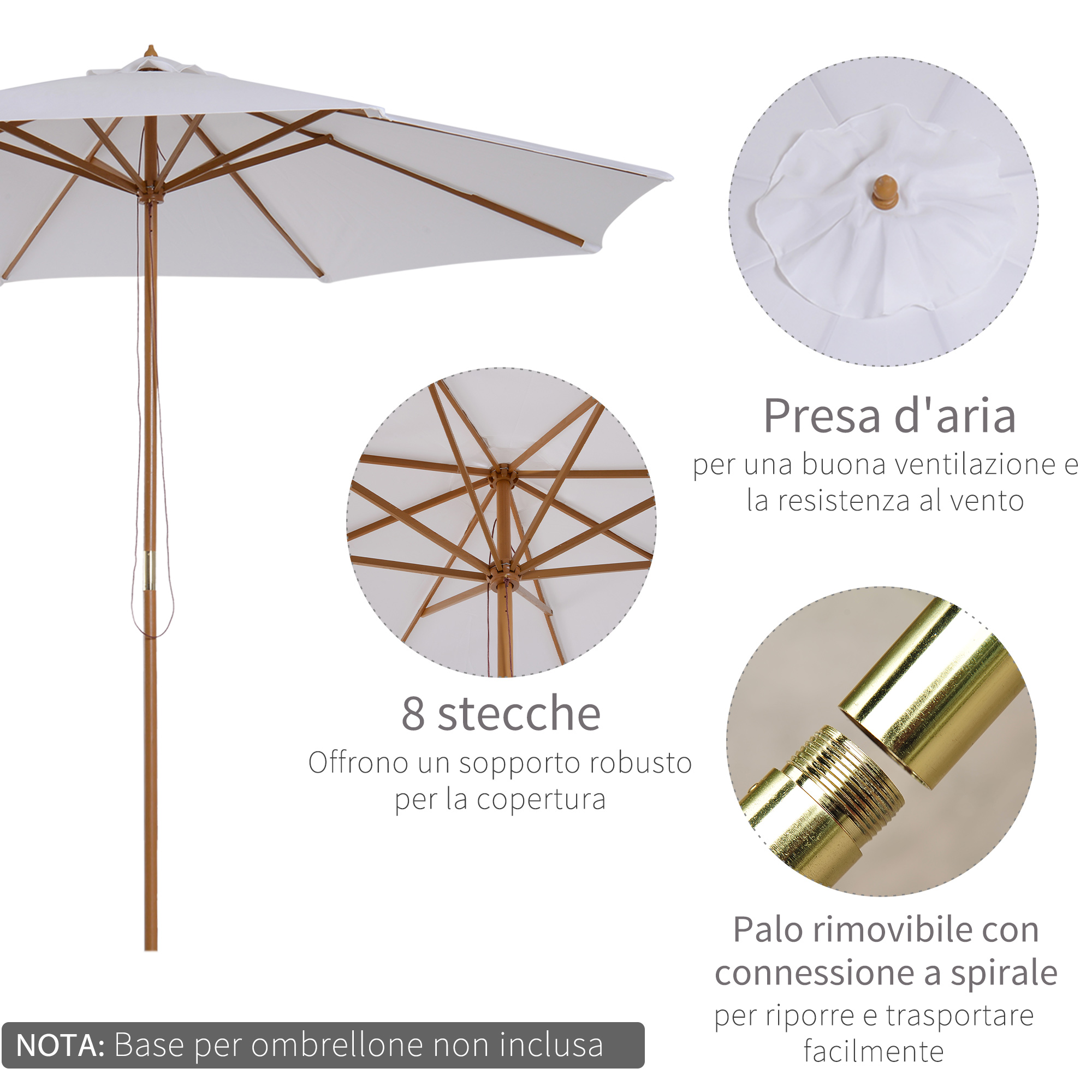 Un ombrellone bianco con struttura in legno e palo rimovibile.