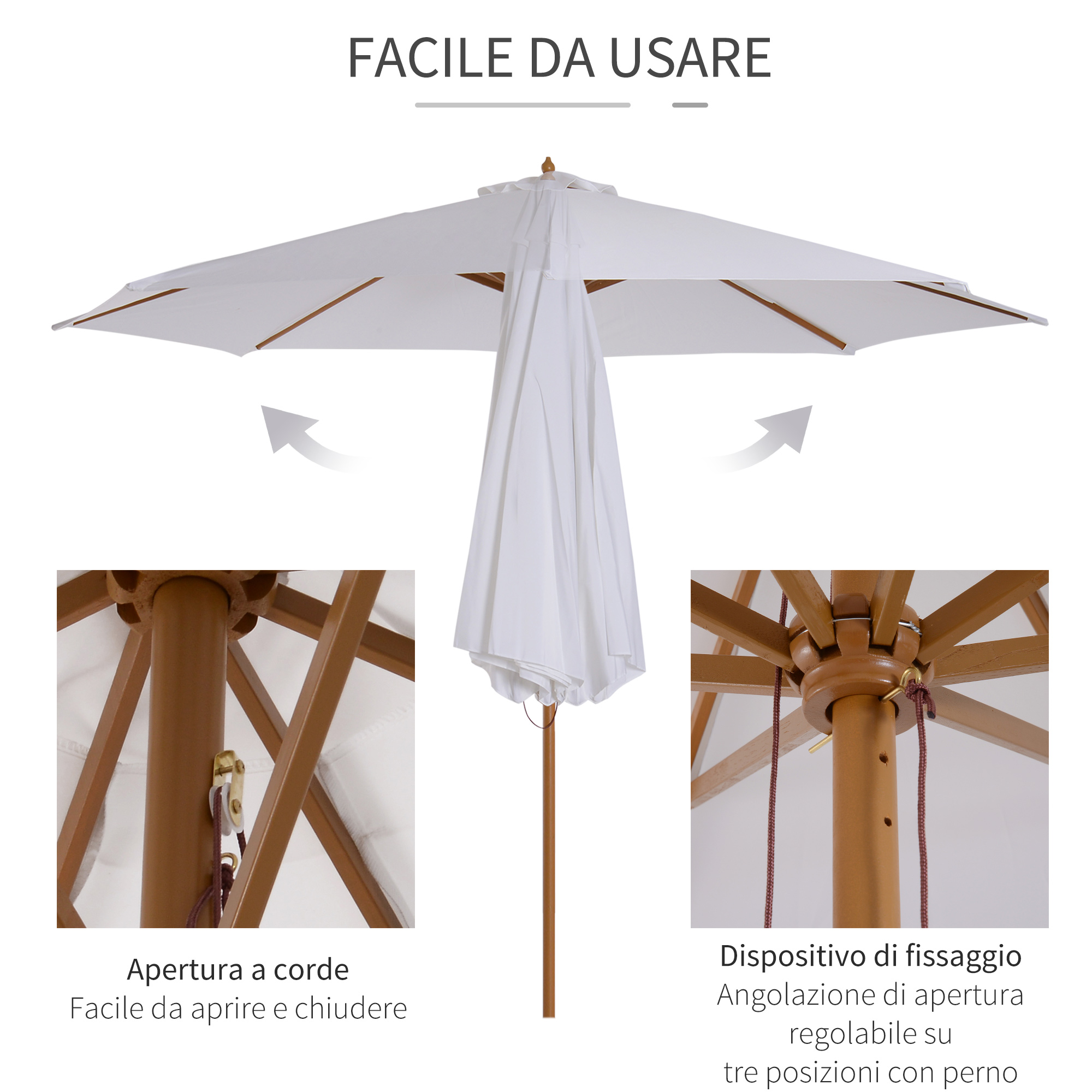 Un ombrellone bianco con dettagli in legno, mostrato aperto e chiuso.