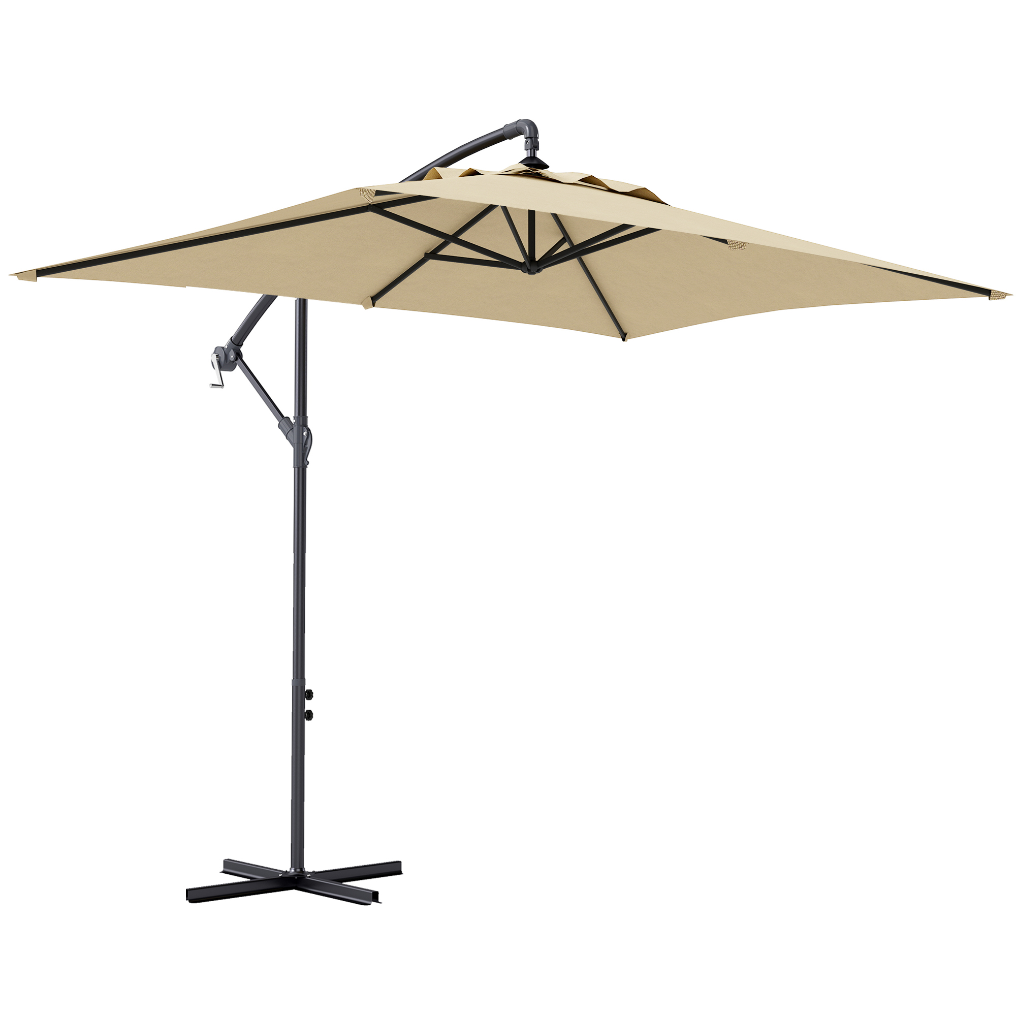 Un ombrellone rettangolare con baldacchino beige e telaio nero.