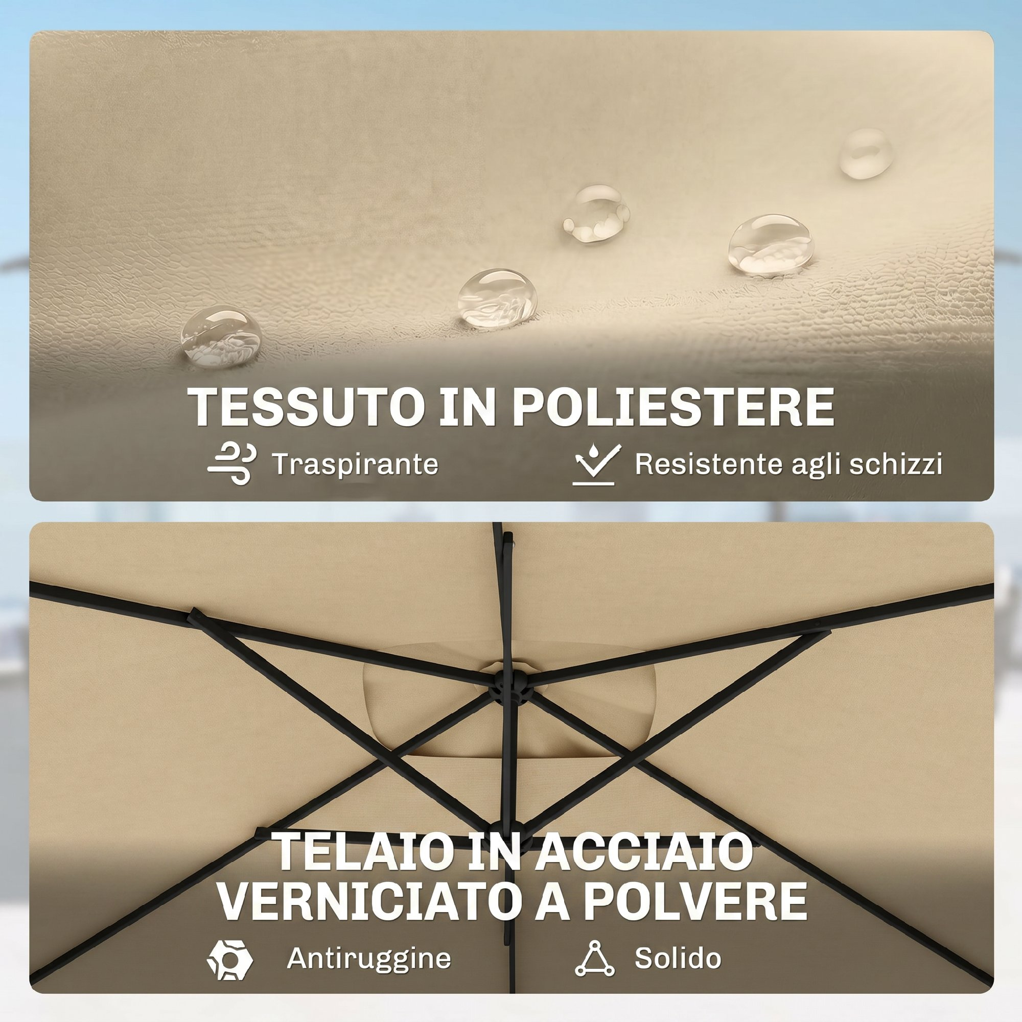 Tessuto poliestere beige con gocce d'acqua e telaio in metallo sotto.