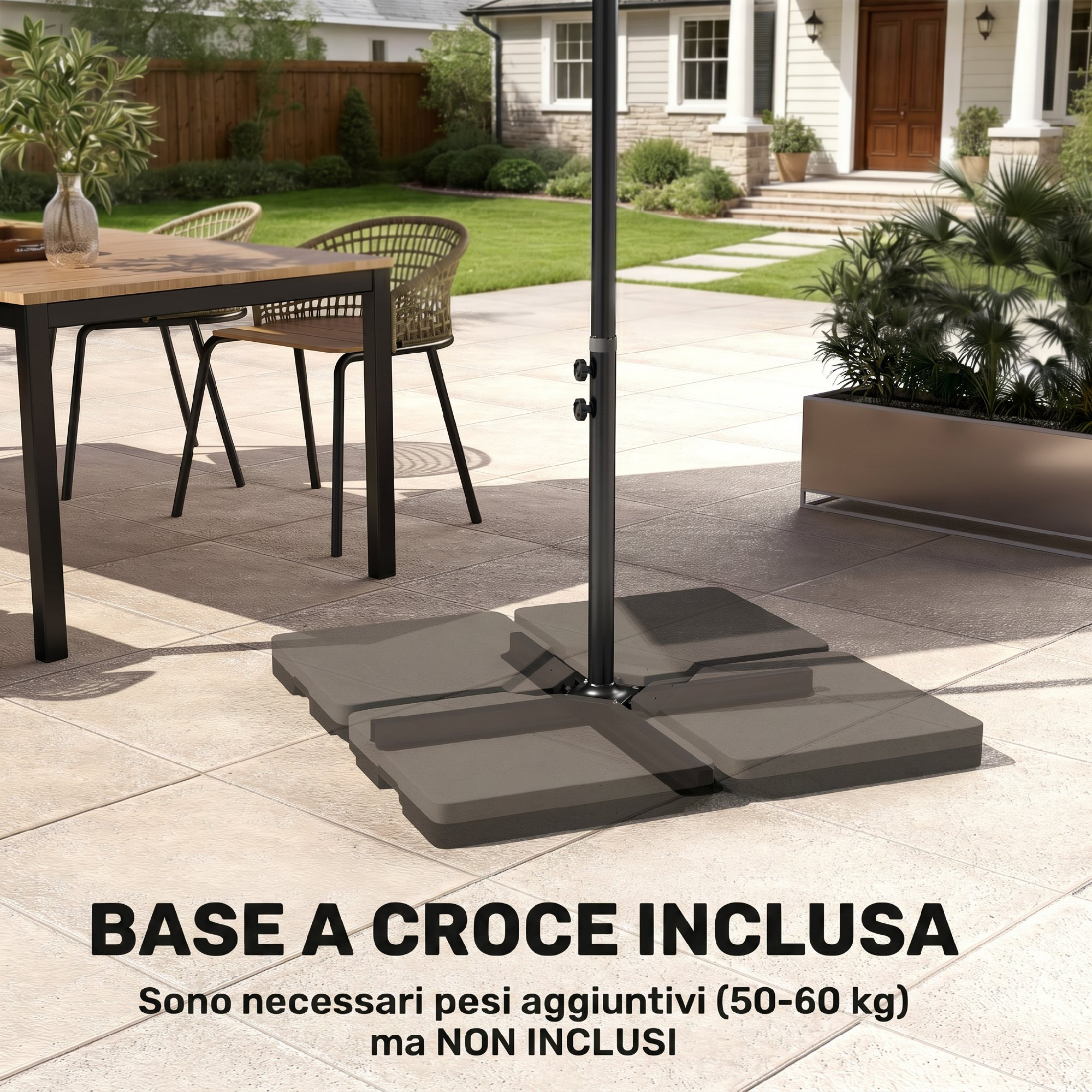 Un set da giardino con tavolo, sedie e base per ombrellone su un patio piastrellato.