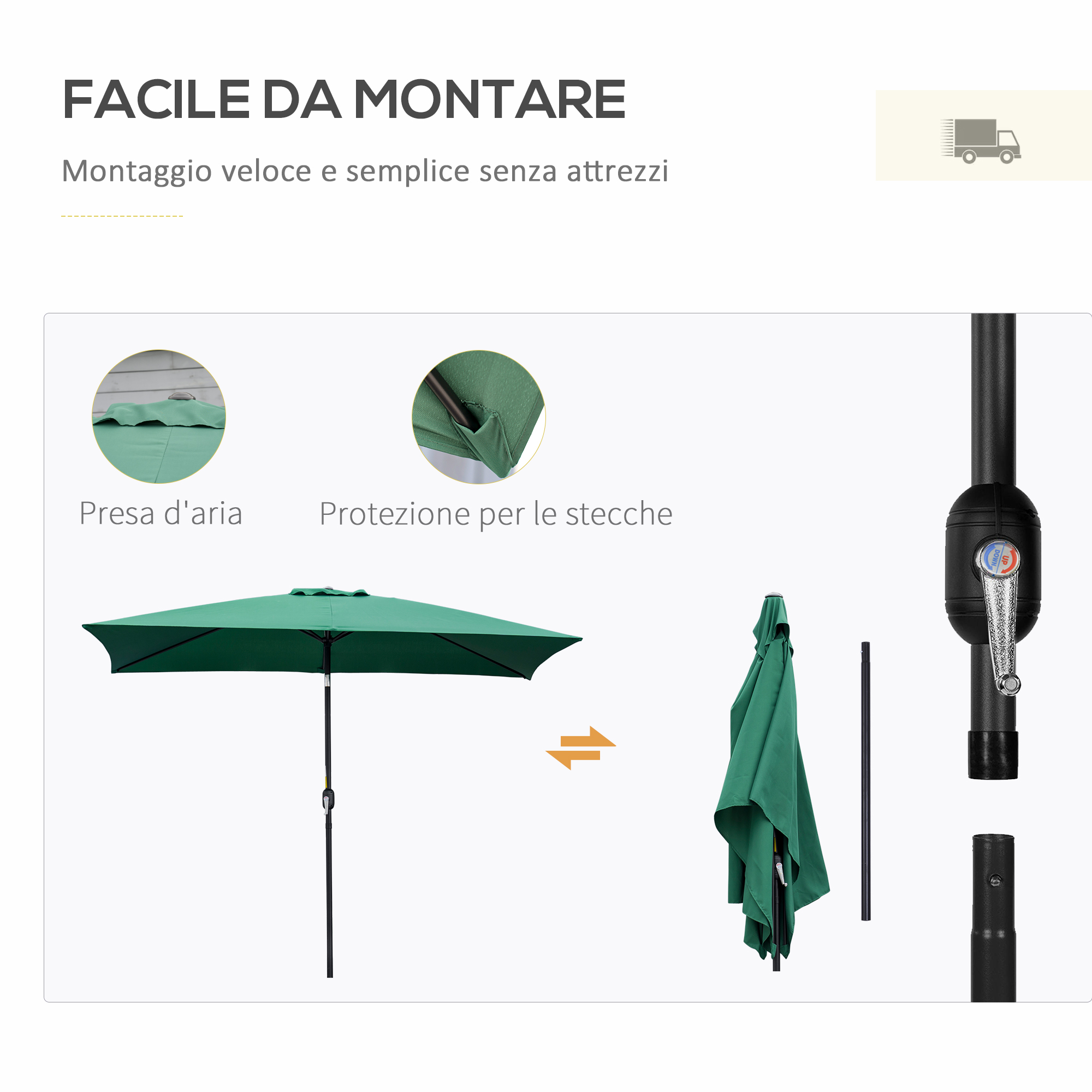 Ombrellone verde, parzialmente piegato, con dettagli di montaggio.