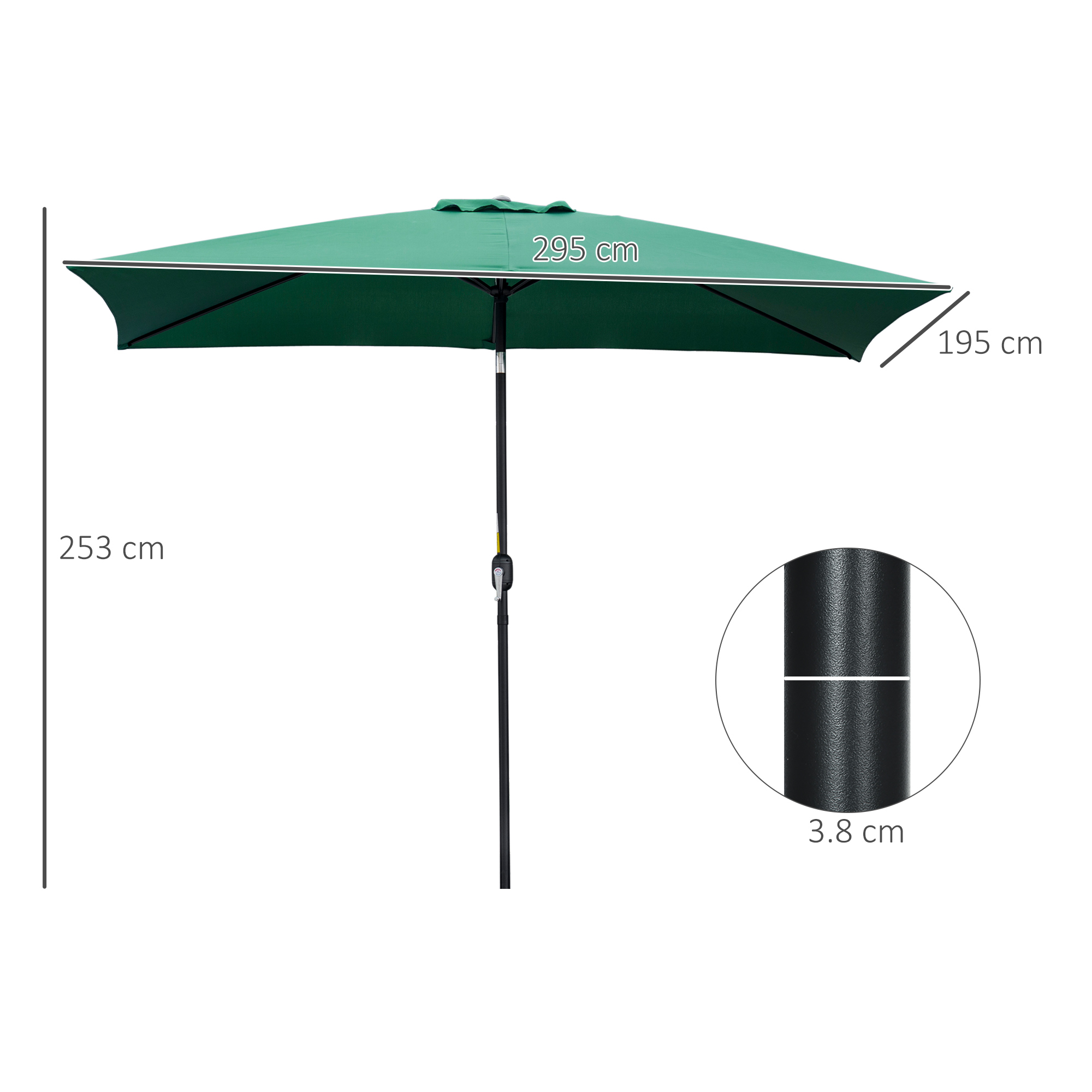 Un ombrellone rettangolare verde misura 295x195 cm, altezza 253 cm.