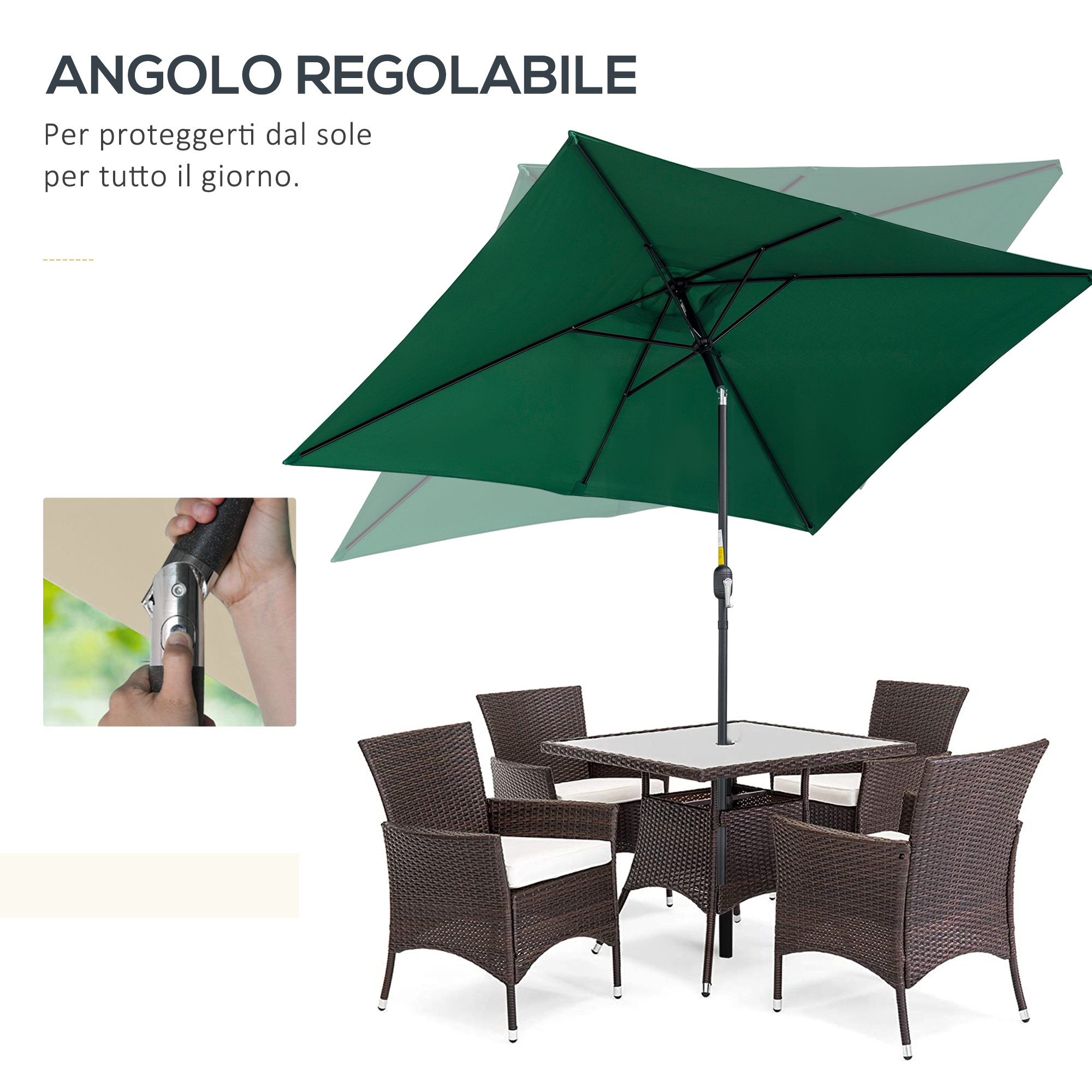 Un ombrellone verde sopra un tavolo e quattro sedie in rattan.