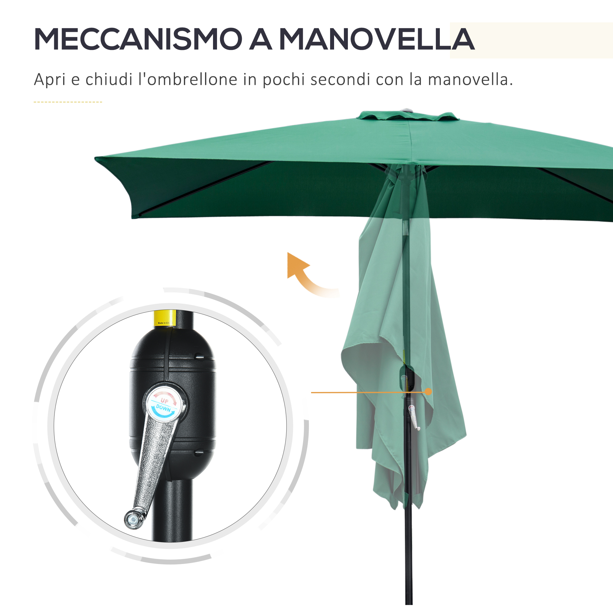 Ombrellone verde con meccanismo a manovella e indicatore su/giù.