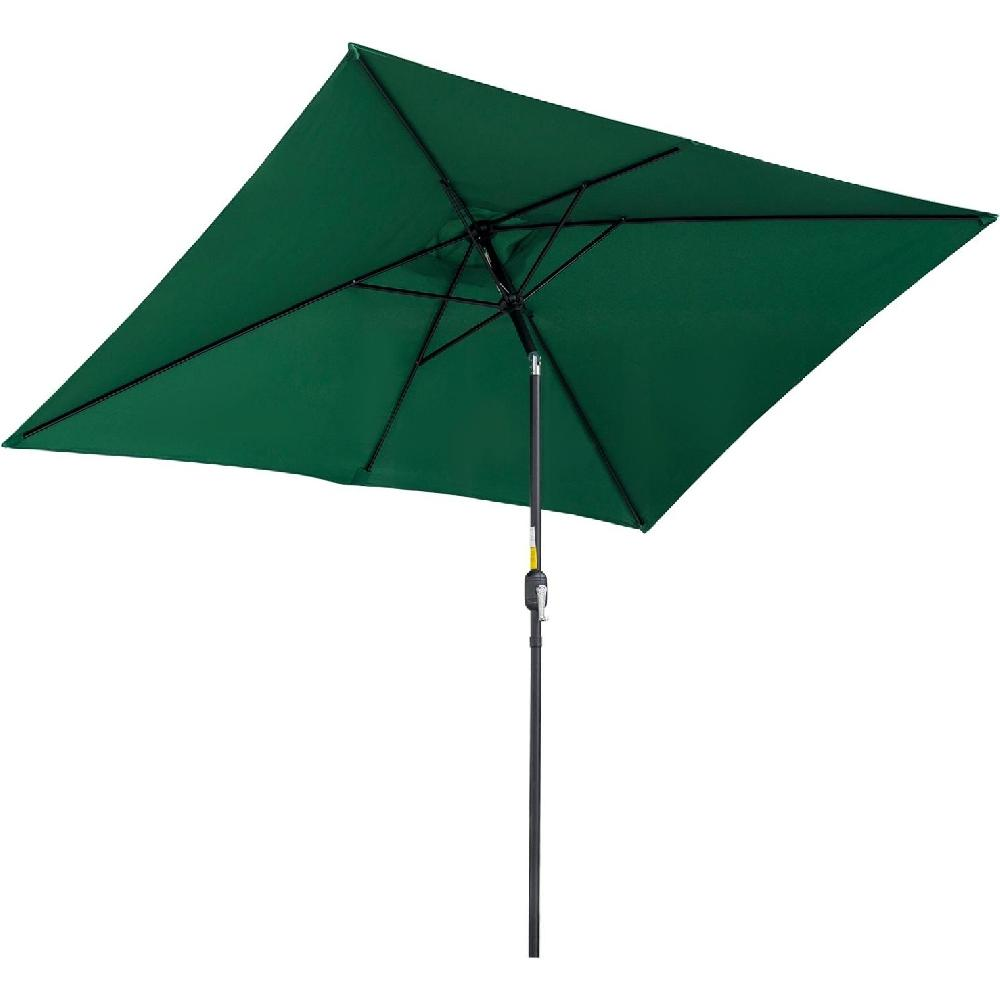 Un ombrellone rettangolare verde scuro con telaio nero su sfondo bianco.