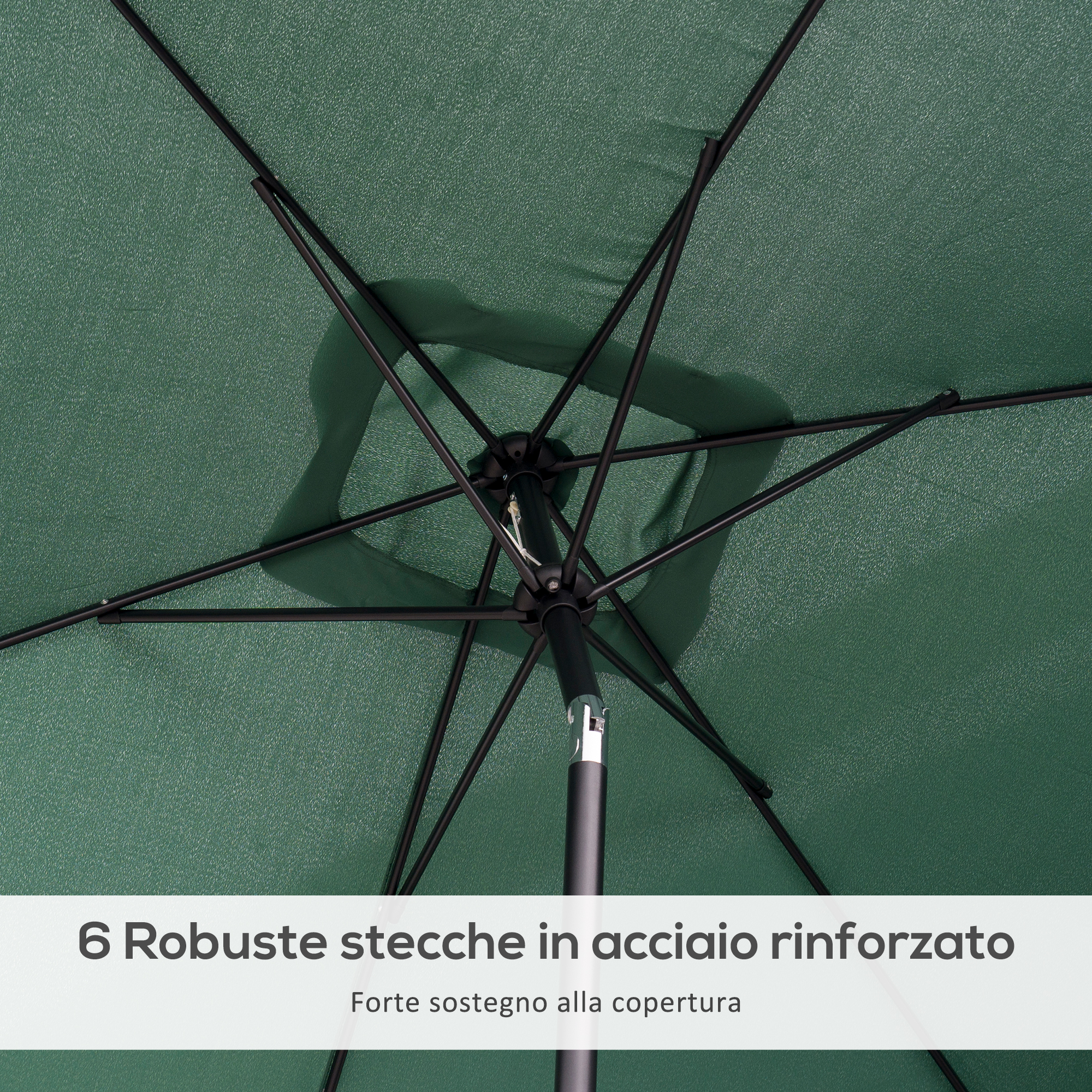 Vista dal basso di un ombrello verde con stecche metalliche nere e palo centrale.
