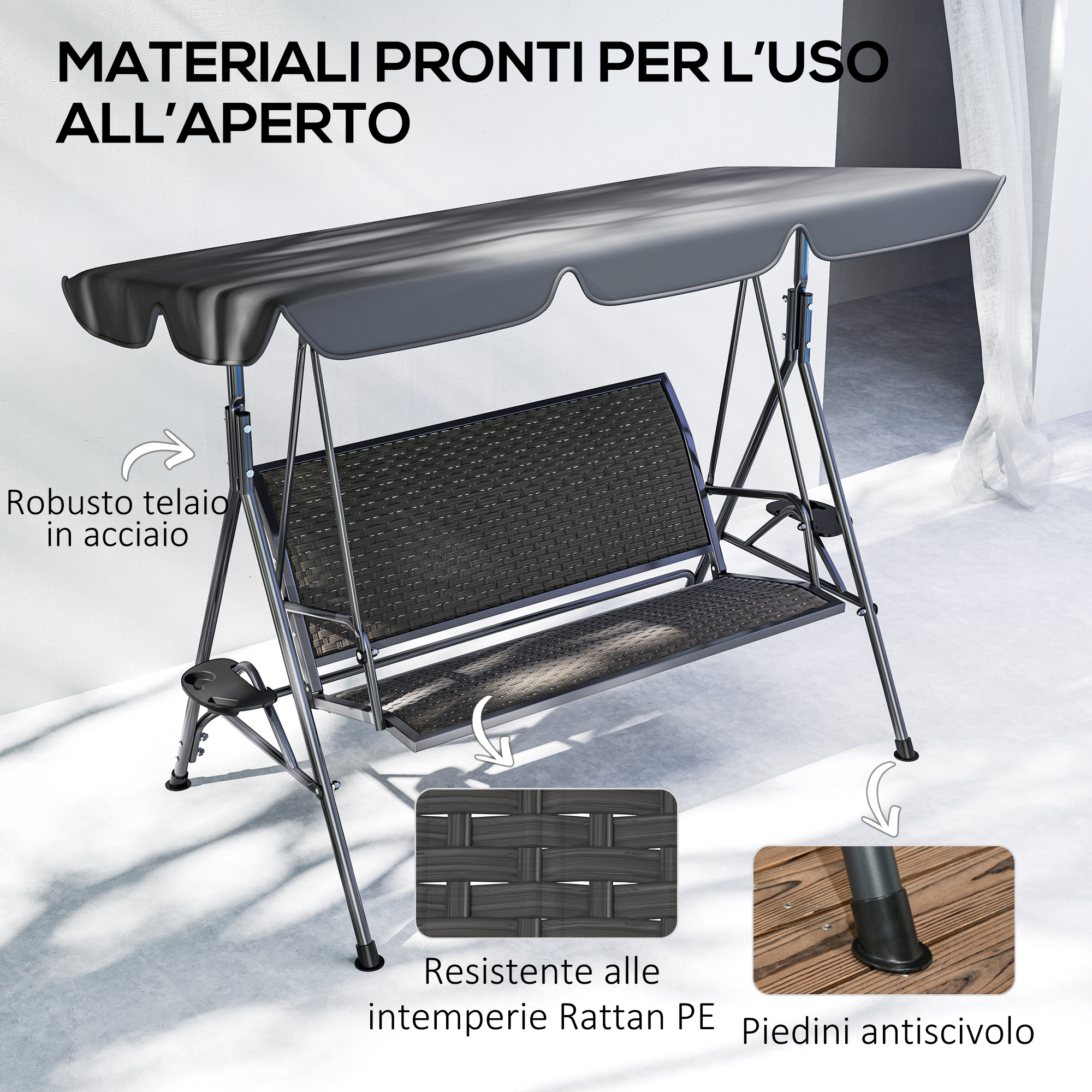 Una sedia a dondolo nera con telaio in acciaio, seduta in rattan PE e capote su pavimento in cemento.