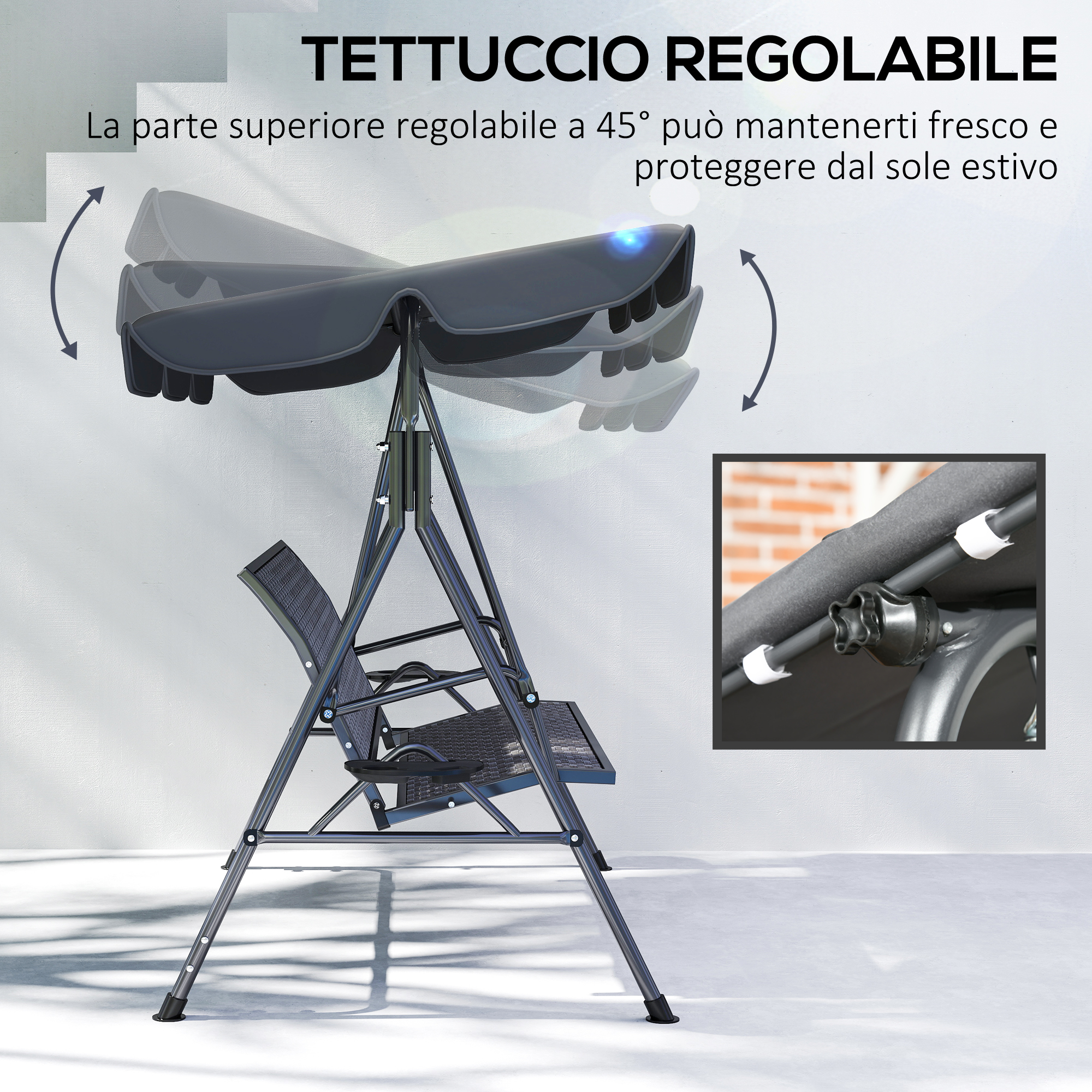 Un sedile a dondolo grigio scuro regolabile con tettuccio regolabile.