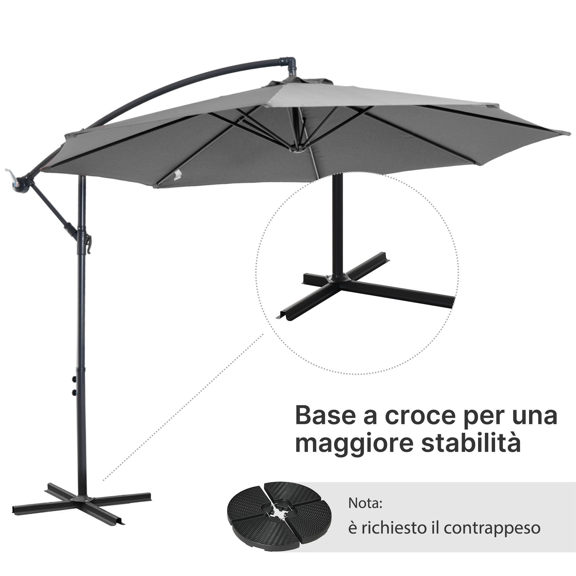 Ombrellone a sbalzo grigio con base a croce. È necessario un contrappeso.