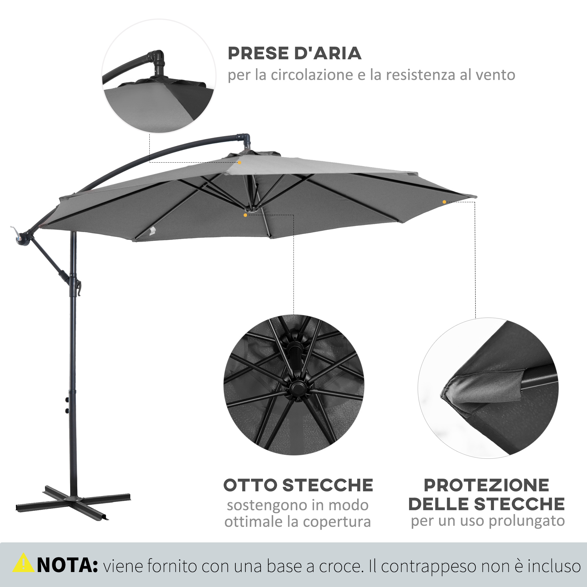Ombrellone grigio a sbalzo con otto stecche e base a croce. Dettagli mostrano prese d'aria e protezione.