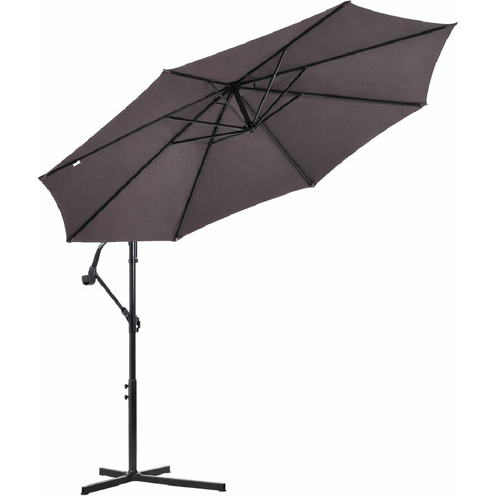 Un ombrellone grigio con supporto nero su sfondo bianco.