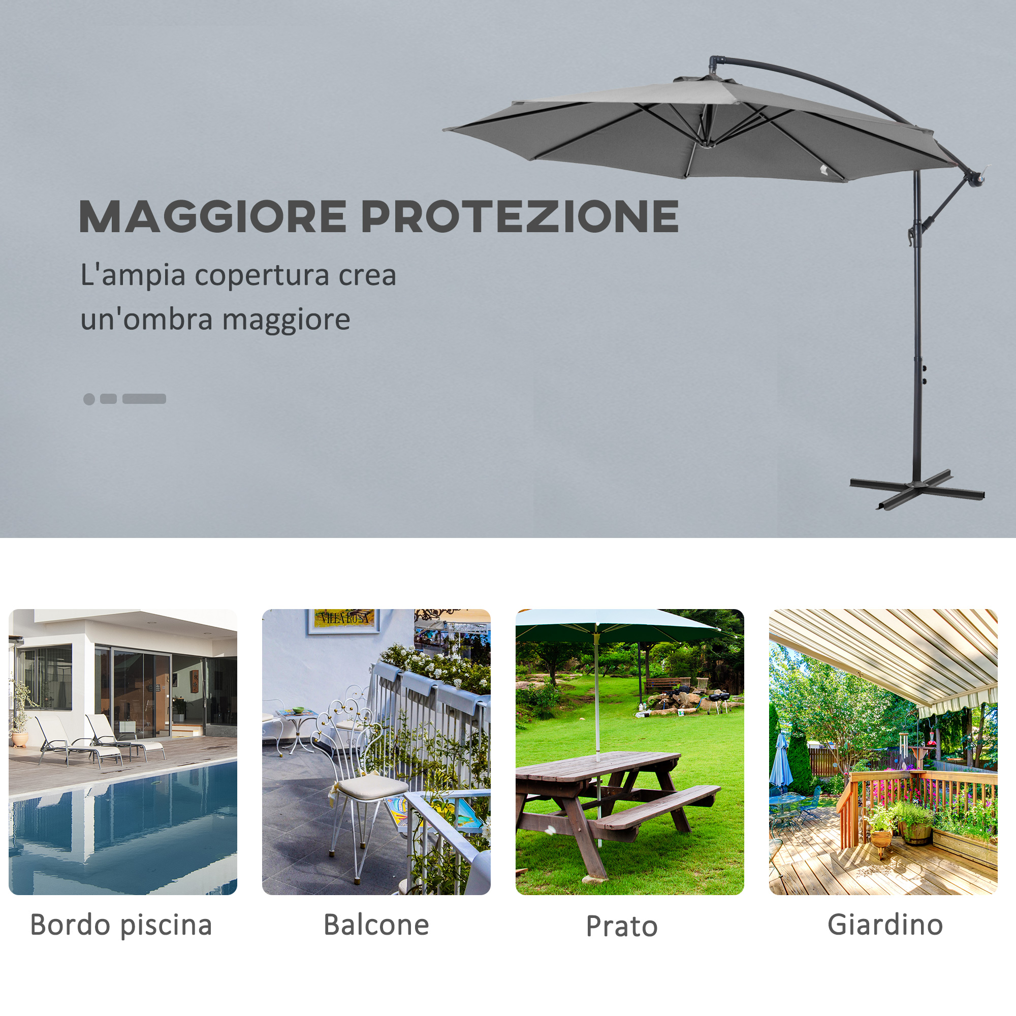 Un grande ombrellone grigio poggia su una base a croce.