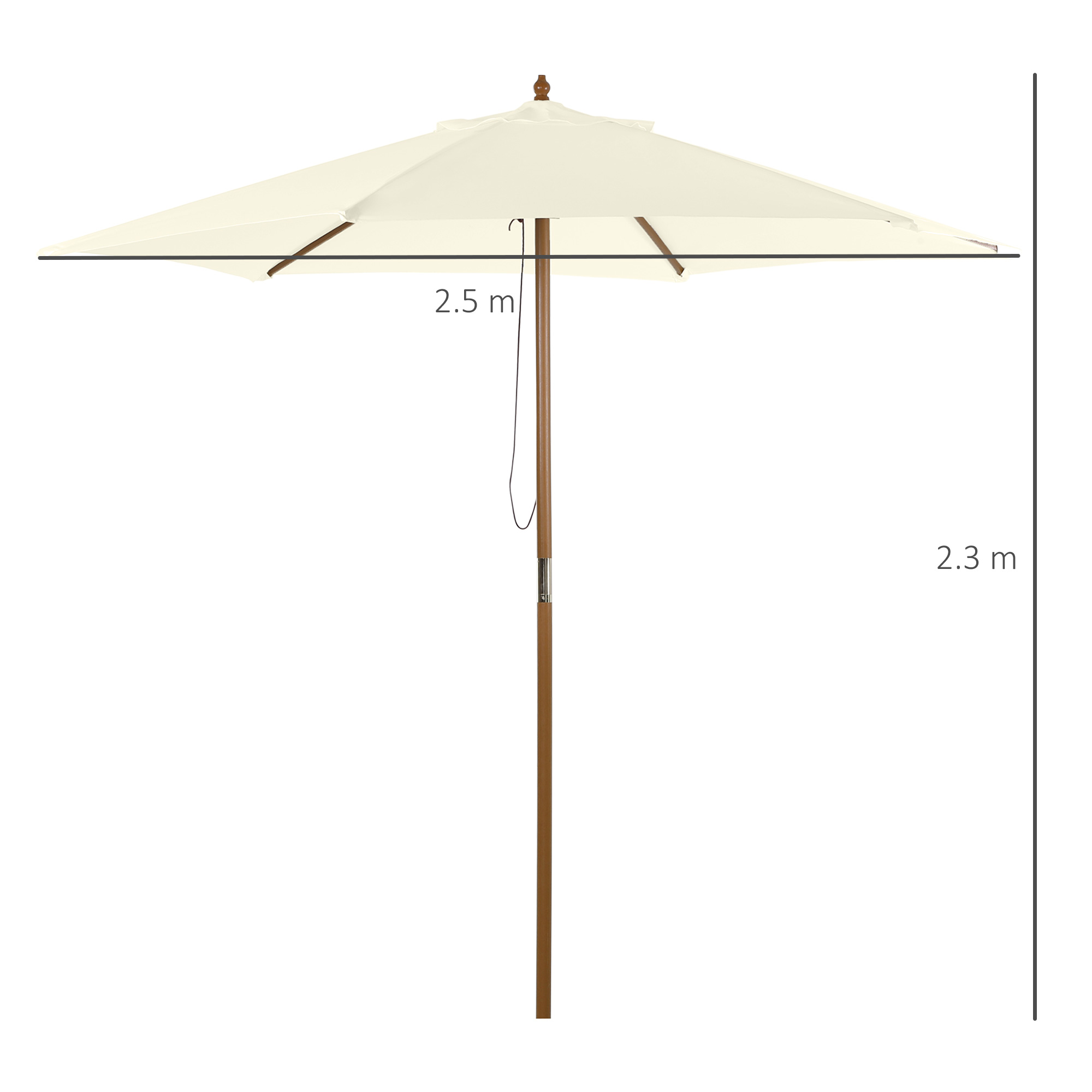 Ombrellone color crema con palo in legno, largo 2,5 m e alto 2,3 m.