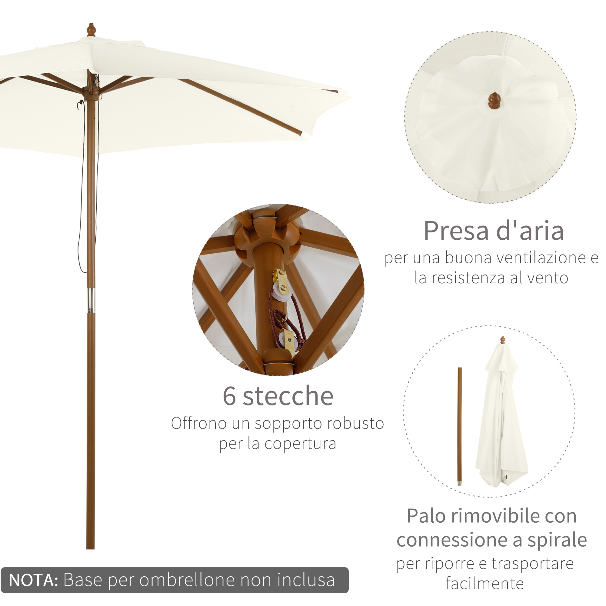 Un ombrellone bianco con struttura in legno e palo rimovibile.