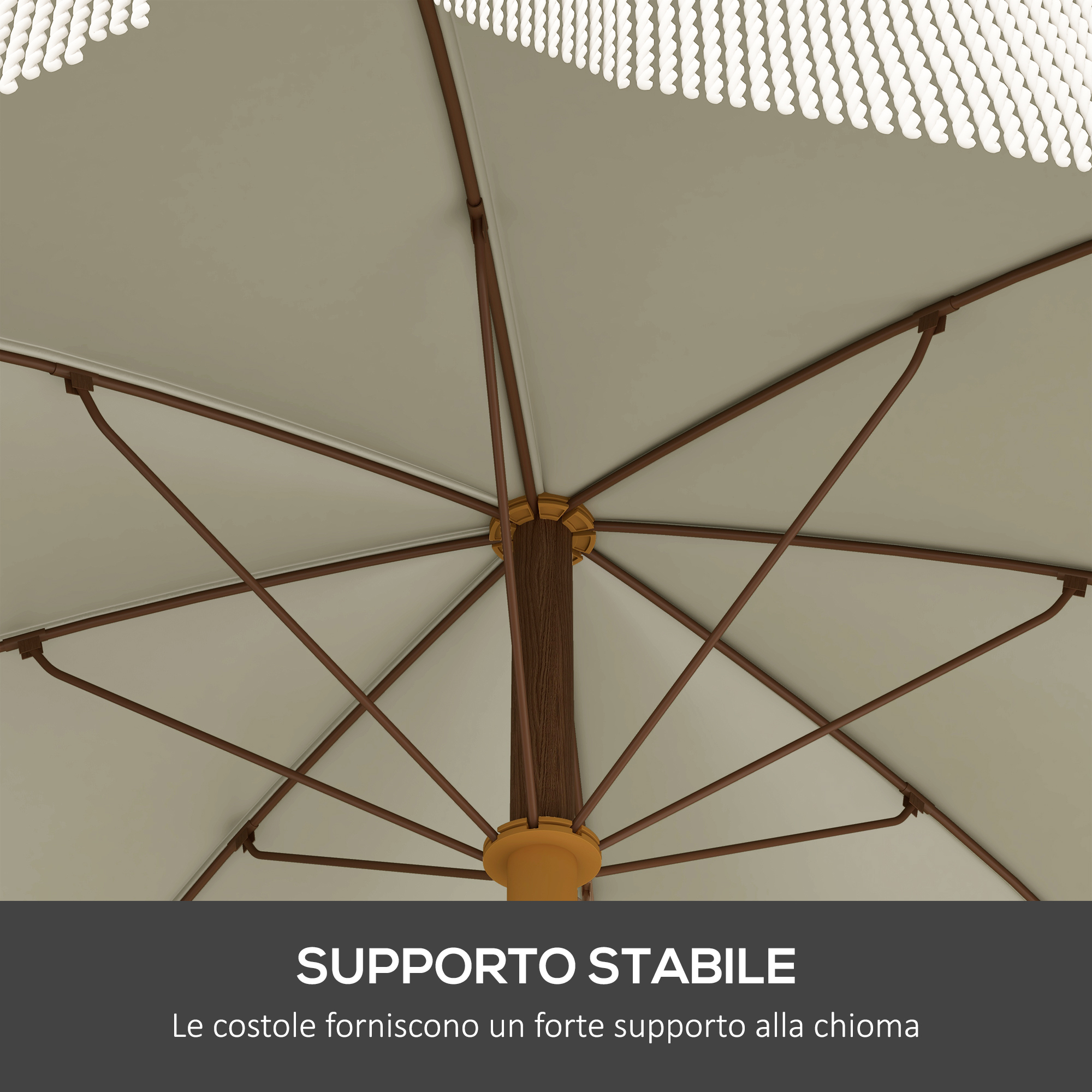 Sottoposto di un ombrellone beige con stecche marroni e frangia bianca.