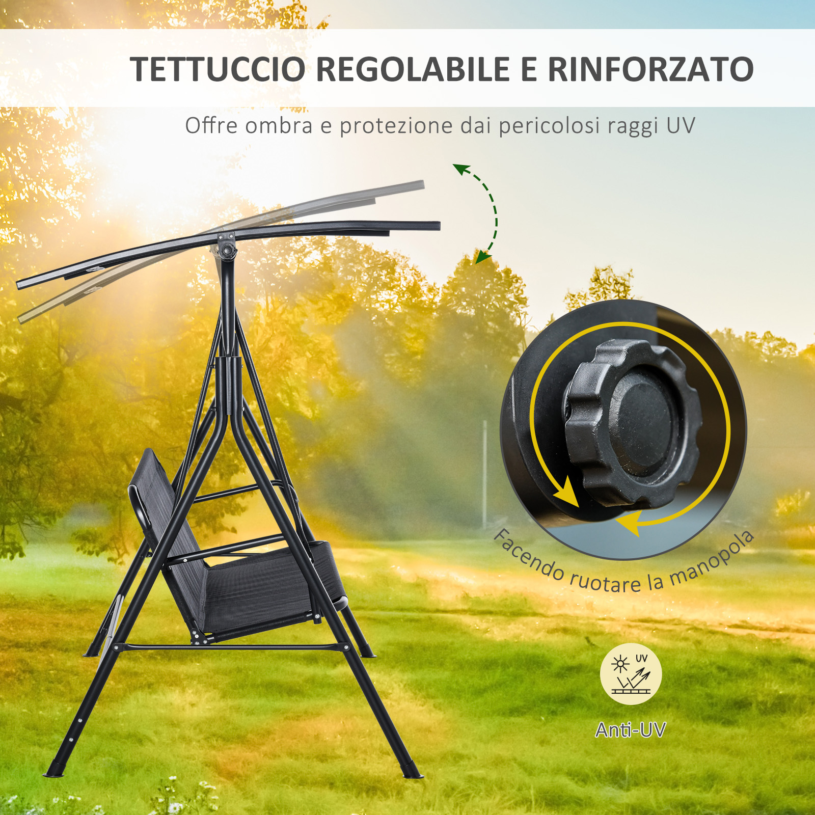 Una altalena nera con tettuccio regolabile all'aperto.