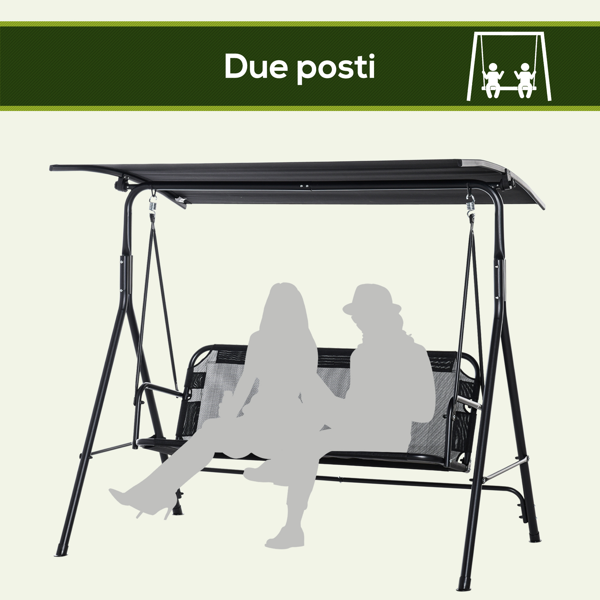 Altalena biposto con tettoia nera e due figure a silhouette.