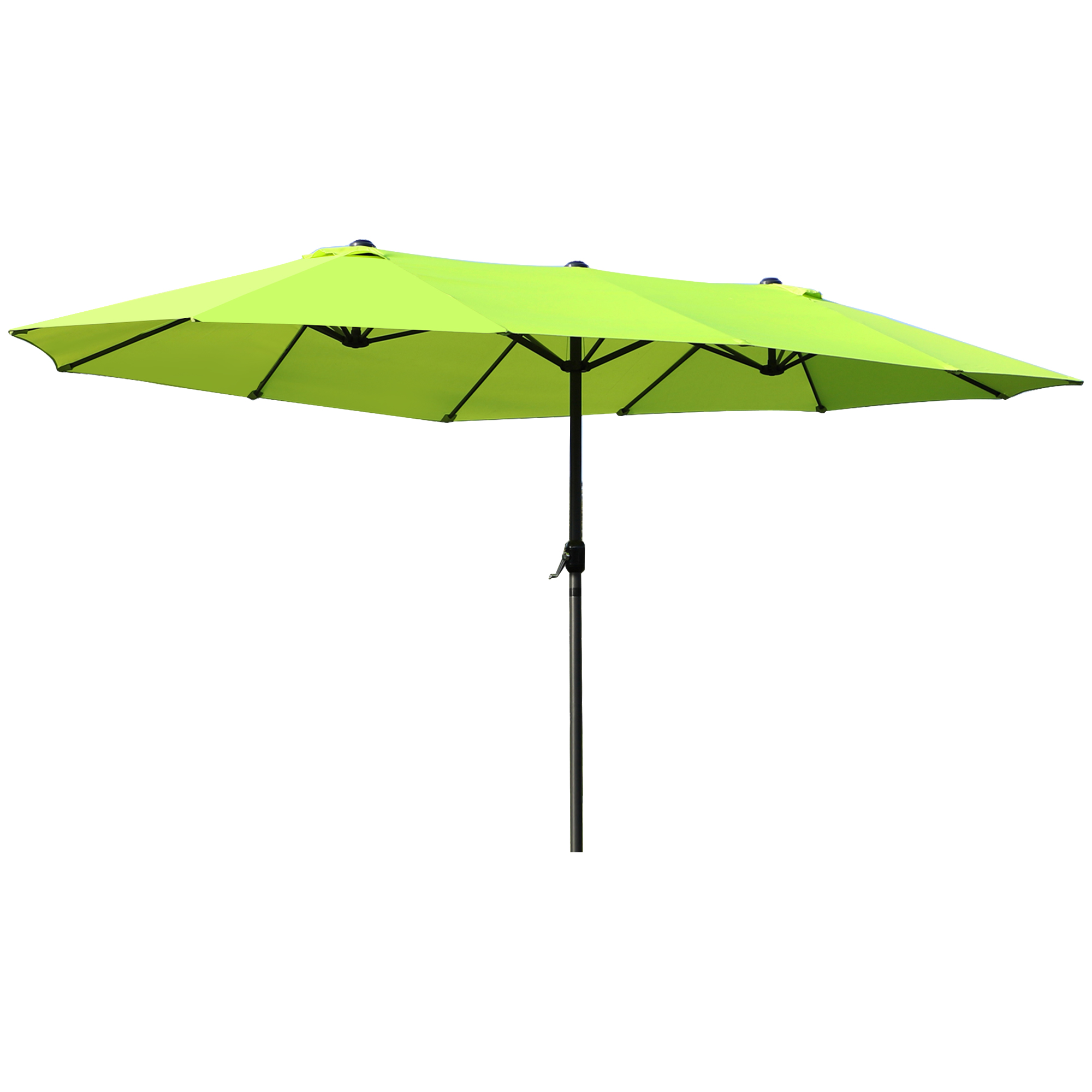 Un ombrellone rettangolare, verde lime, con otto pannelli e un palo centrale nero.