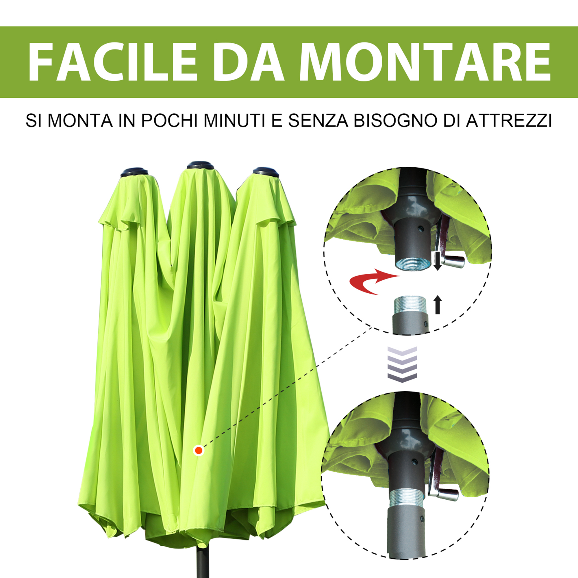 Ombrellone verde chiuso con istruzioni di montaggio.
