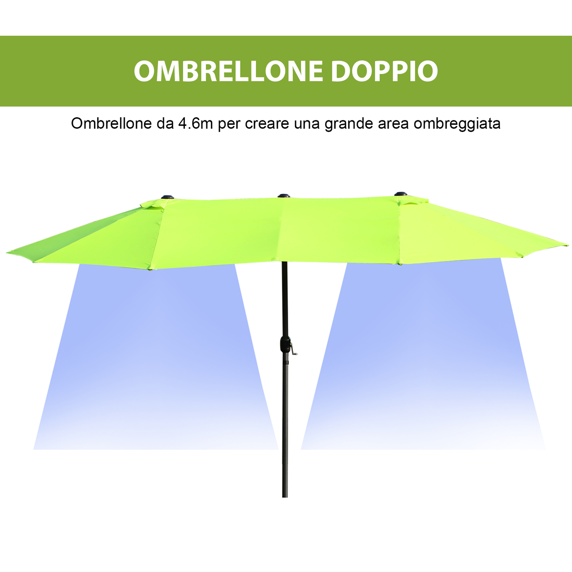 Un grande ombrellone doppio verde brillante con supporto nero.
