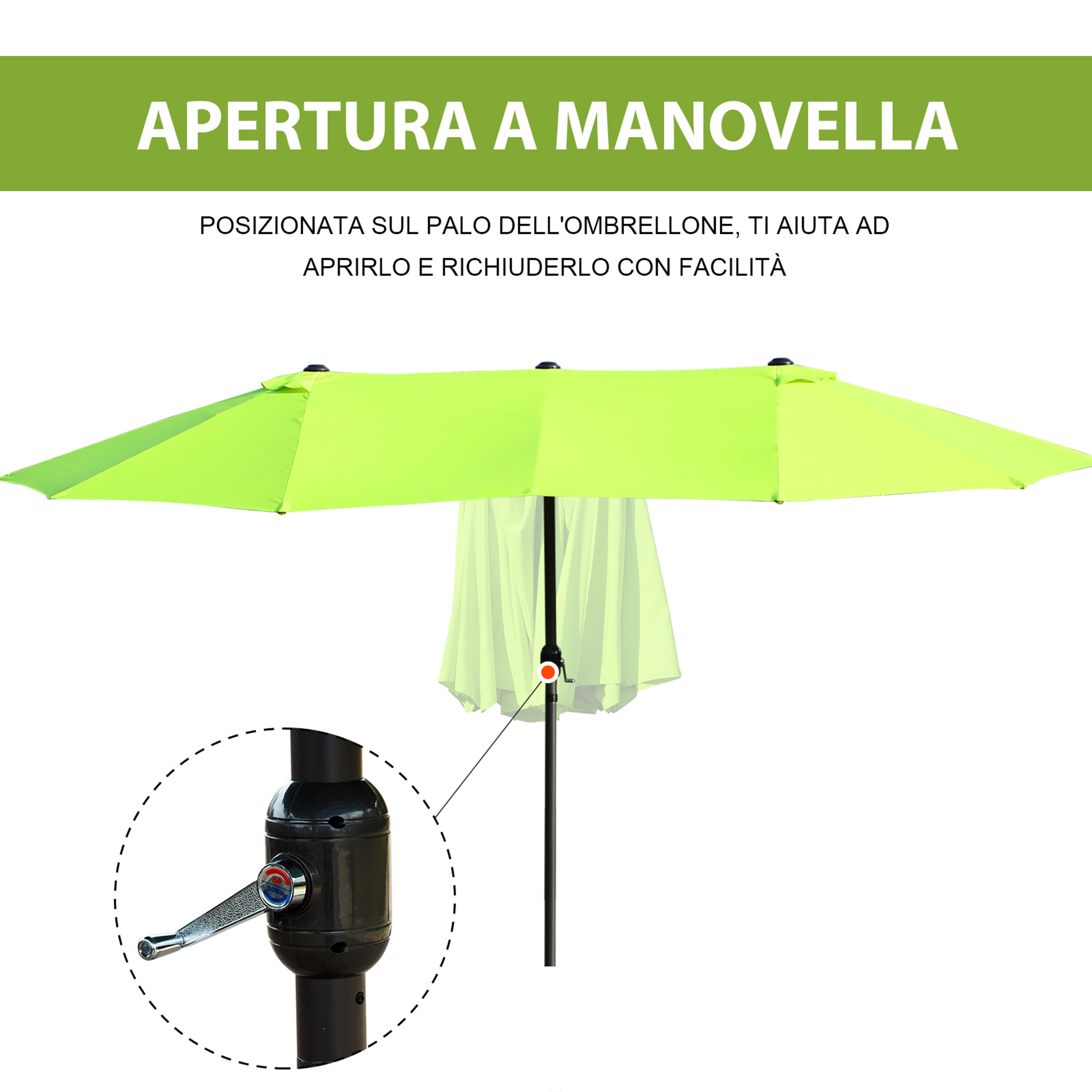 Un ombrellone verde chiaro con meccanismo a manovella sul palo.