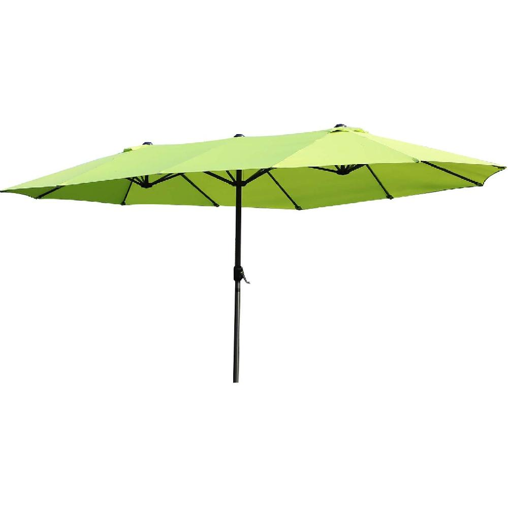 Un lungo ombrellone rettangolare verde chiaro con telaio nero.
