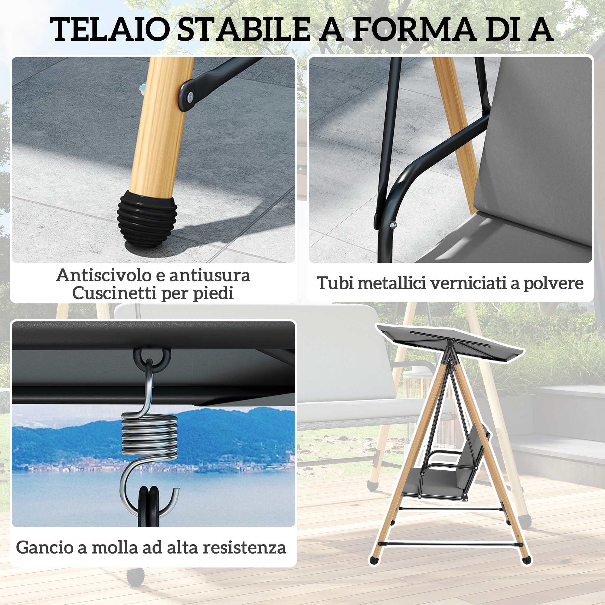 Sedile altalena stabile a telaio A con gambe in legno, tubi metallici e gancio a molla.