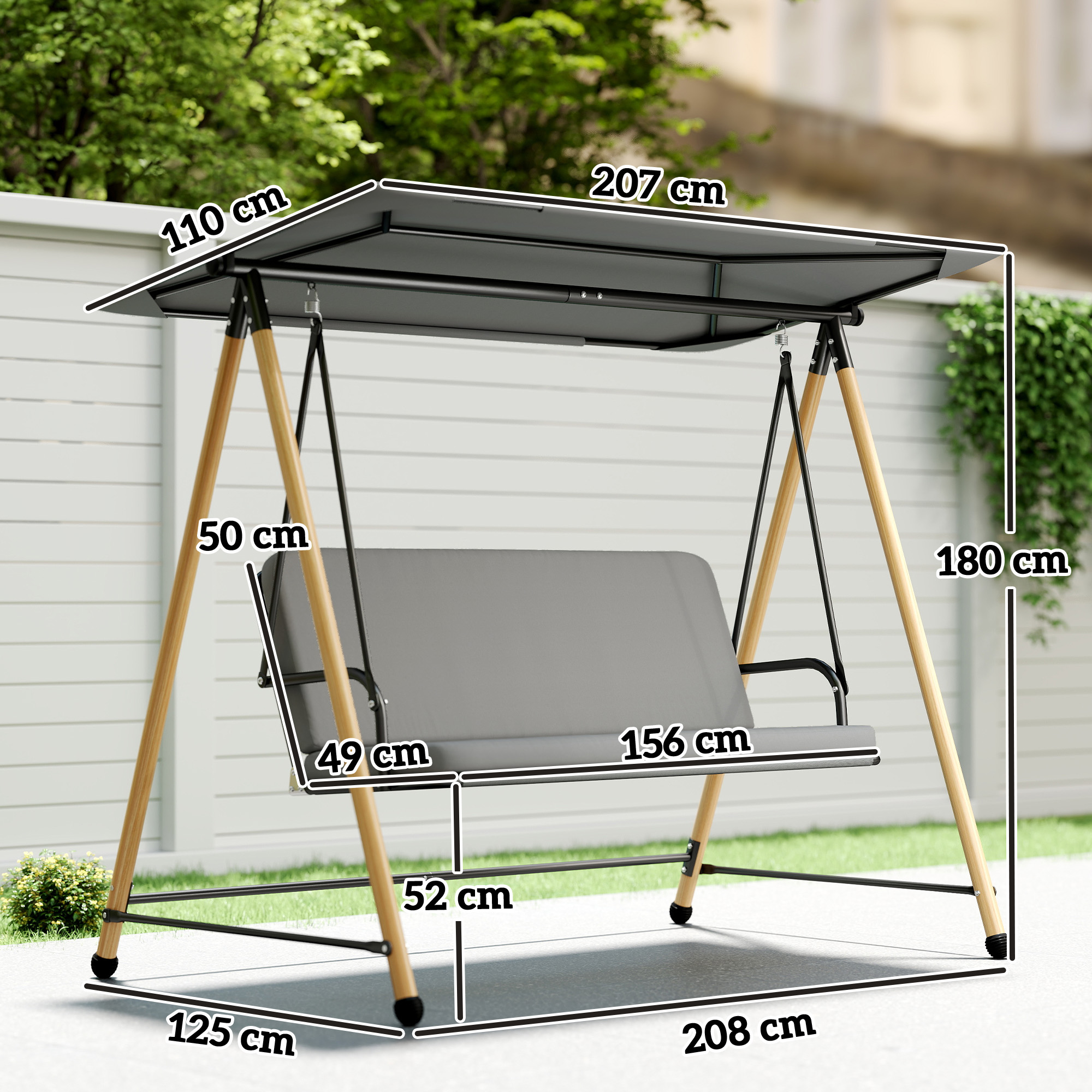 Un'altalena da giardino grigia con gambe e tetto in legno, dimensioni indicate.