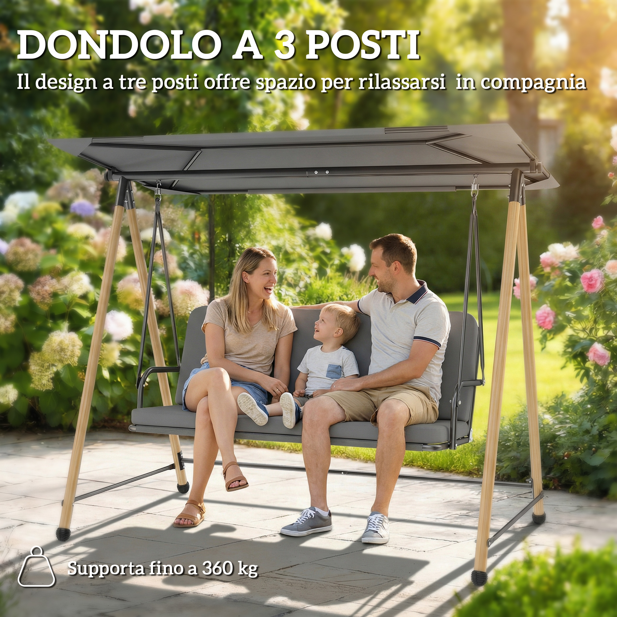 Famiglia su un'altalena da giardino grigia a 3 posti con fiori sullo sfondo.