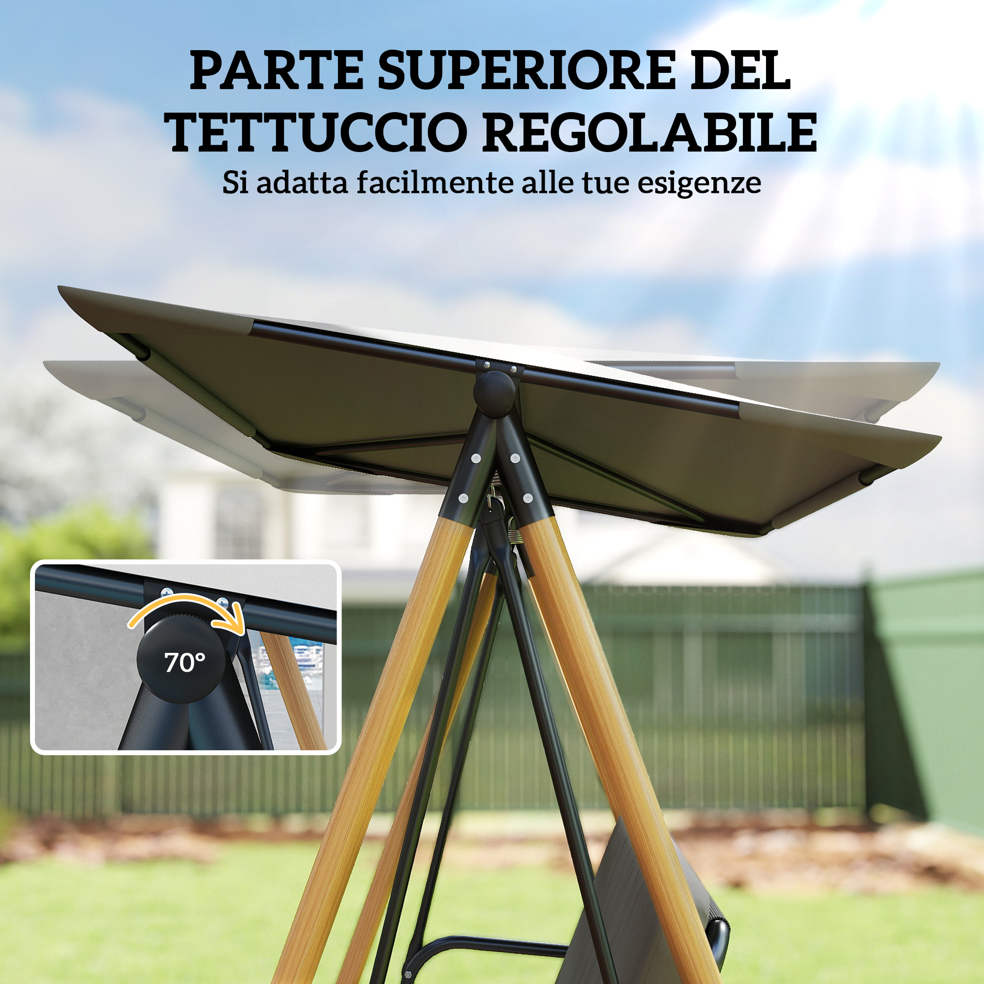 Tettuccio regolabile per altalena inclinato a 70 gradi, in primo piano.