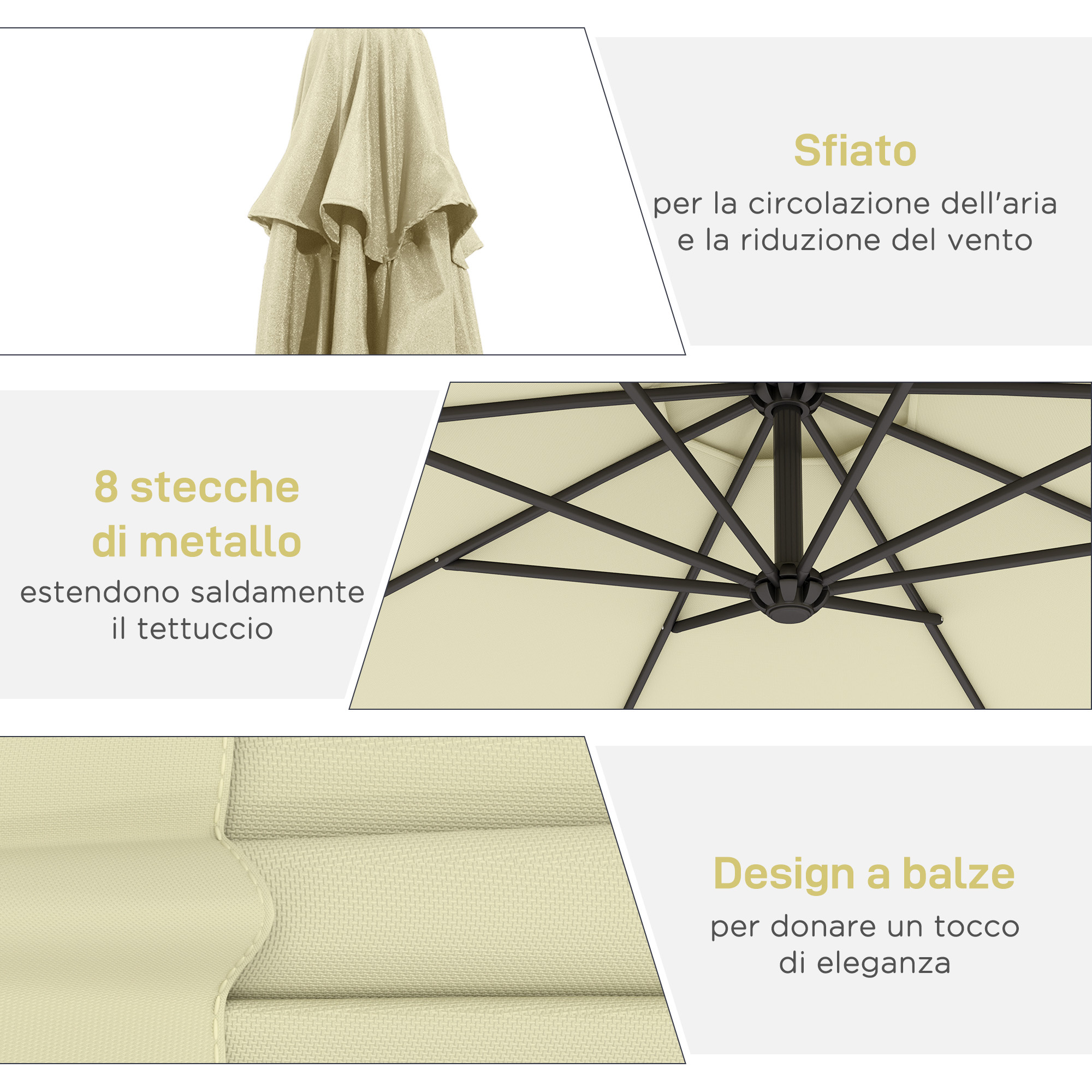 Ombrellone beige con stecche in metallo e design a balze.