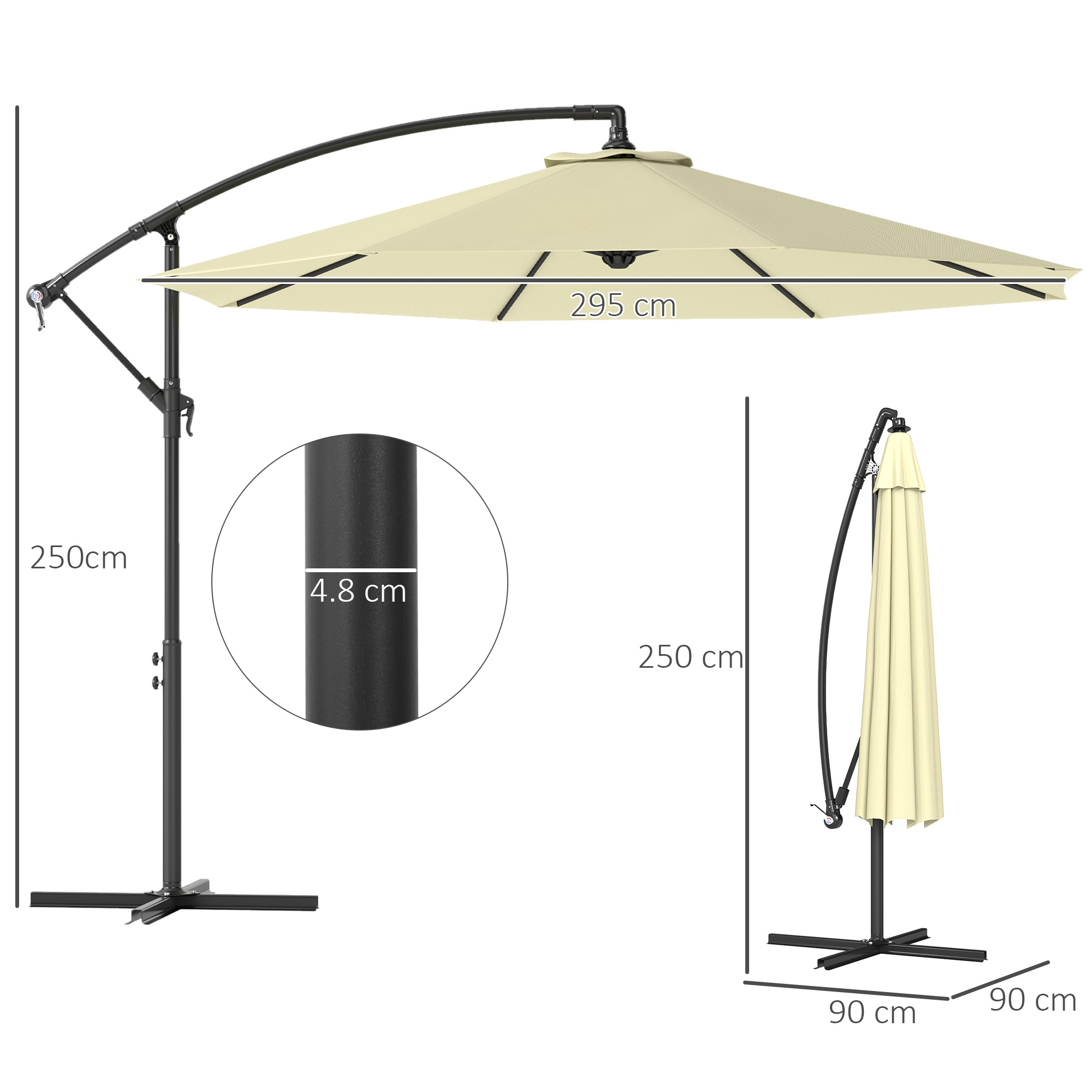 Un ombrellone a sbalzo beige con telaio nero, sono indicate le dimensioni.