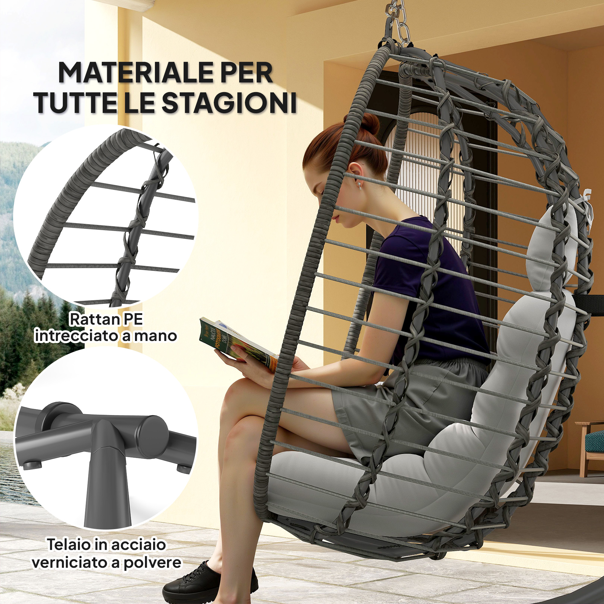 Una donna legge su una sedia sospesa in rattan grigio con cuscini.
