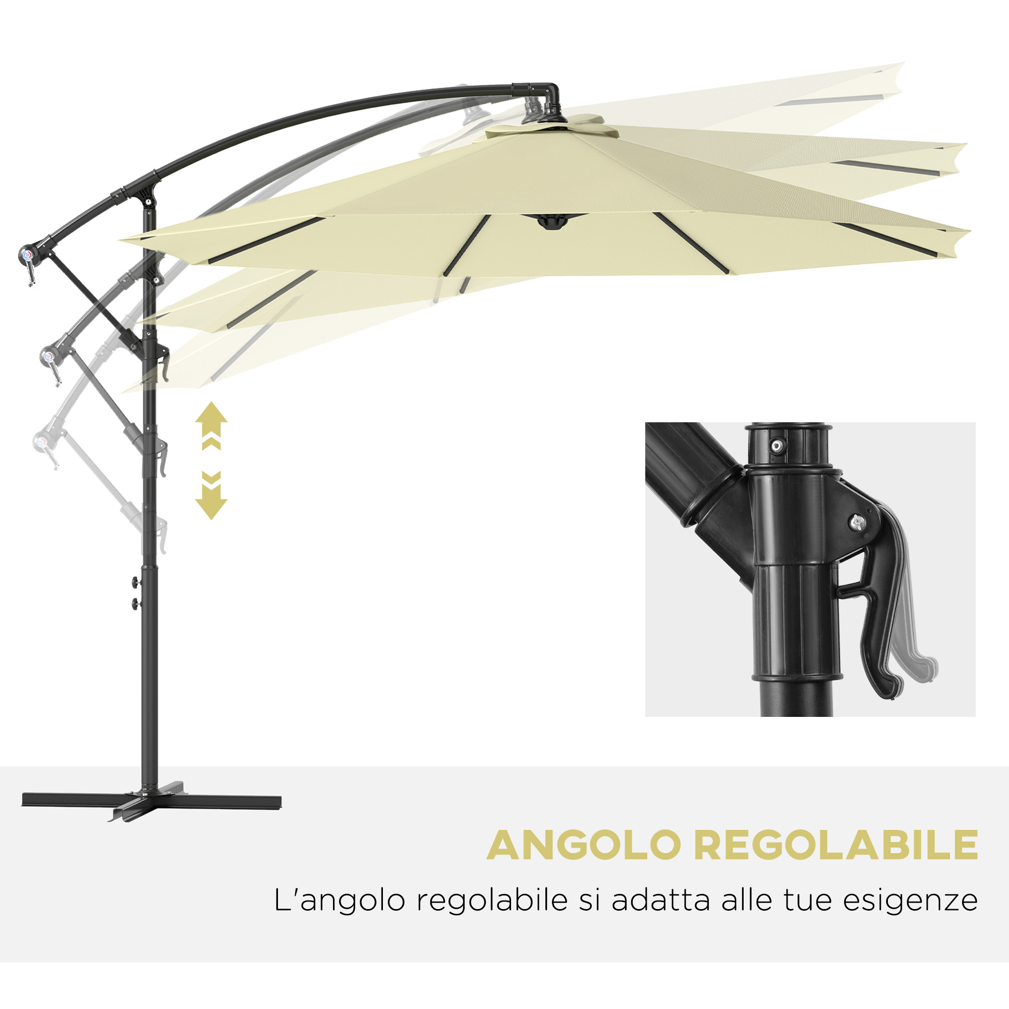 Ombrellone beige con braccio regolabile e base nera.