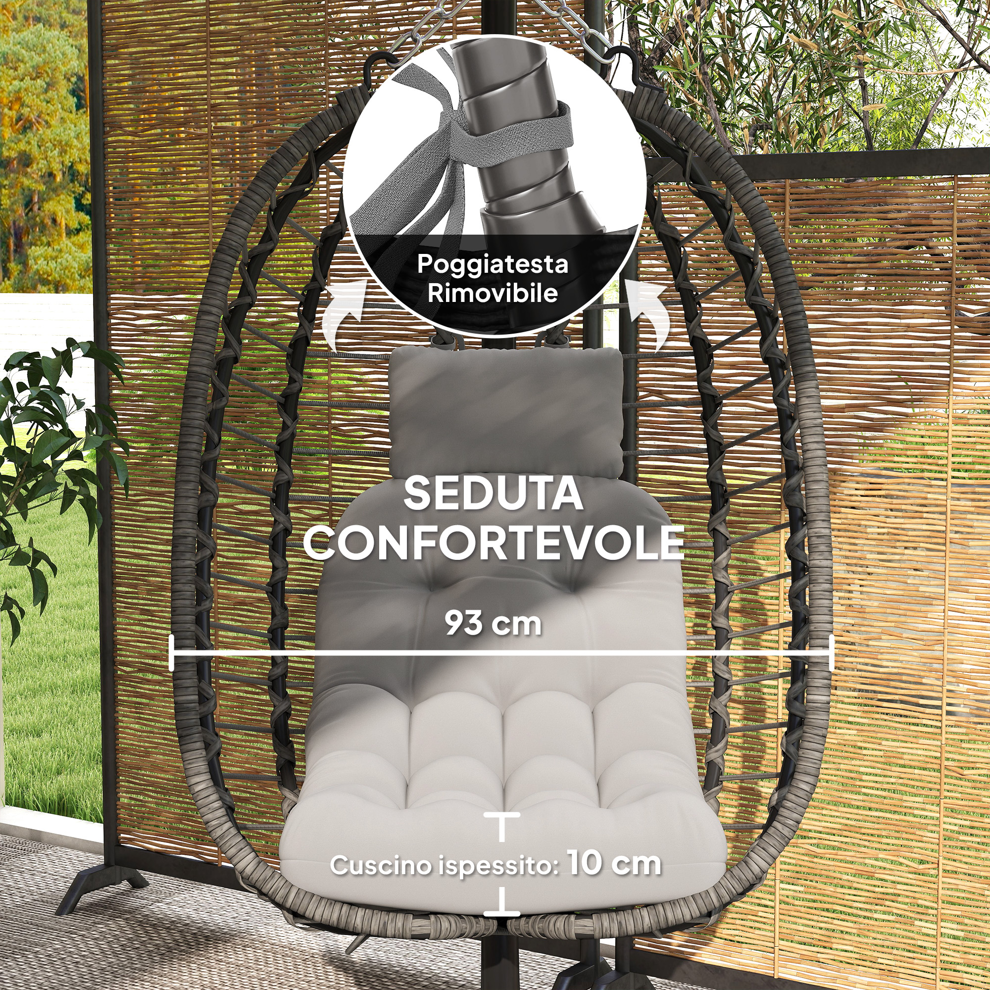 Sedia sospesa grigia con cuscino bianco. Dimensioni: 93 cm larghi, 10 cm spessi.