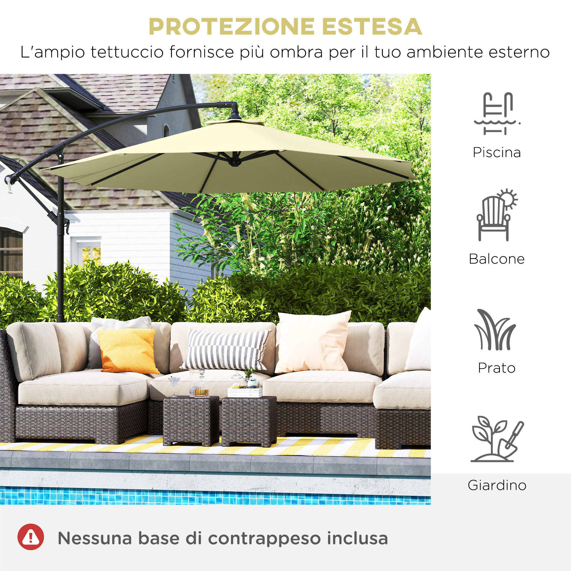 Un parasole beige copre un salotto vicino a una piscina.